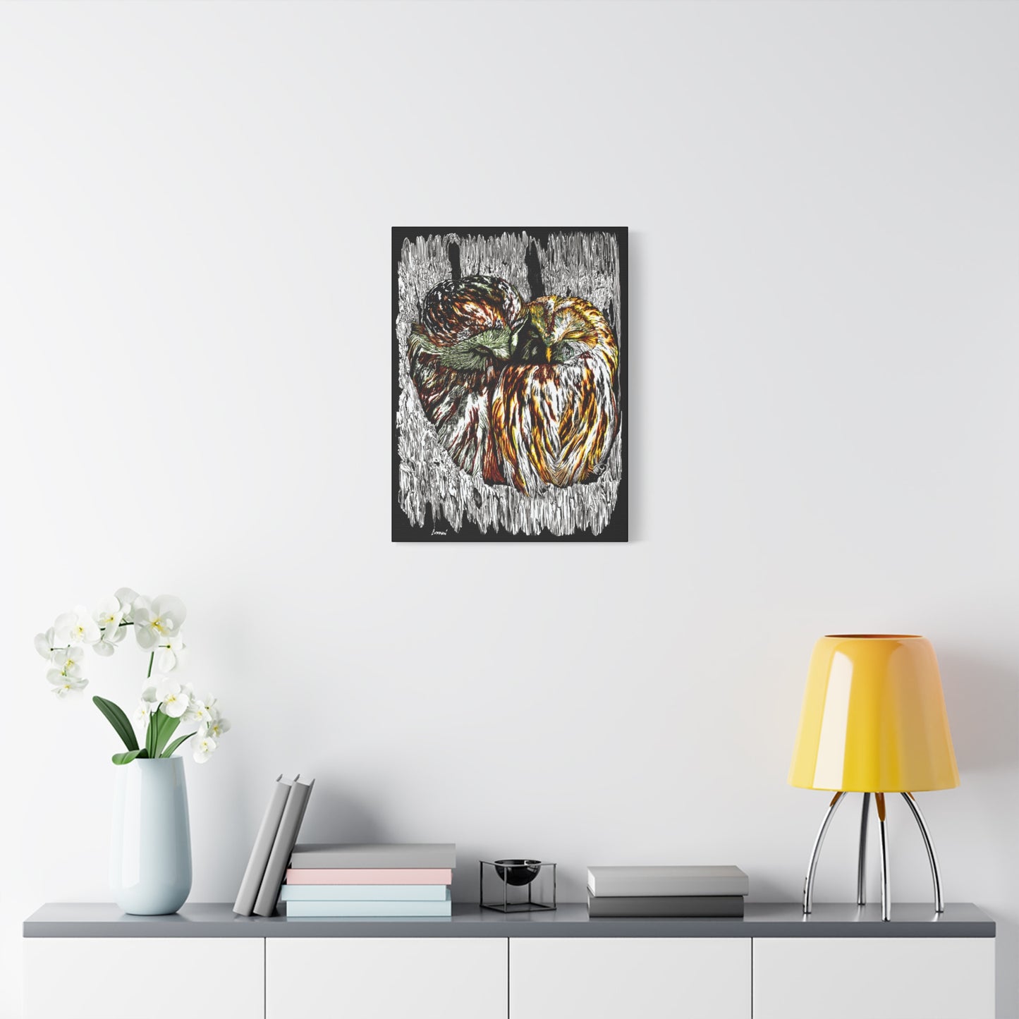 Owl Wall Art, Owl Print, Hand-Drawn Owls, Wildlife Art, Birds in Tree, Nature Wall Decor, Owl Lovers Gift, Woodland Art. Printed on Matte Canvas, Stretched, 1.25"