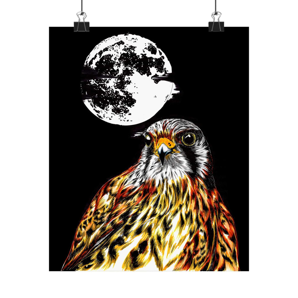 Elevate your space with the Wildlife Satin Poster - Majestic Falcon with Moon Design showcasing the Original, Hand Drawn Art. Bring nature's beauty home today!