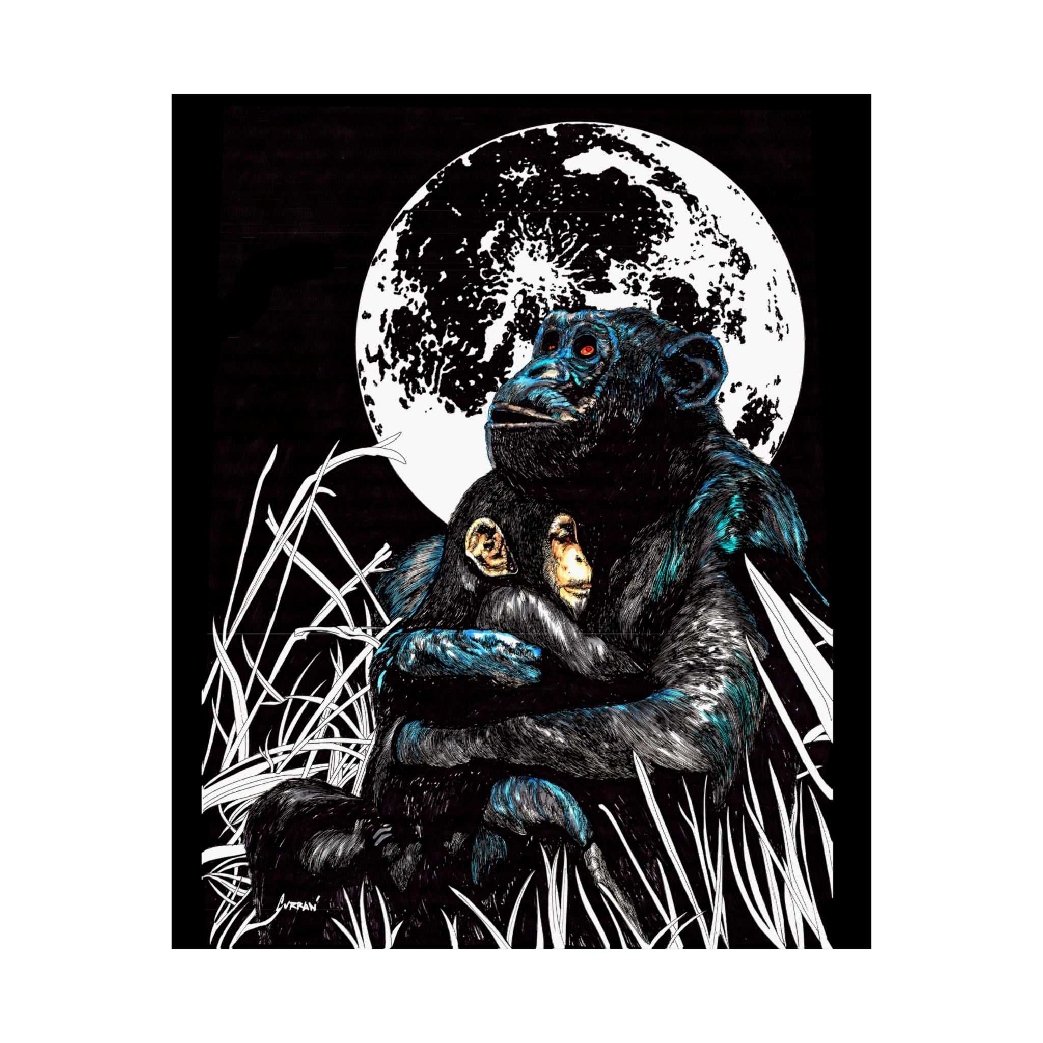 Satin Poster - Moonlit Gorilla and Child Embrace Art Print featuring the Hand Drawn, Original Animal Wall Art Poster by Kris Curran artist at Curran Artworks.