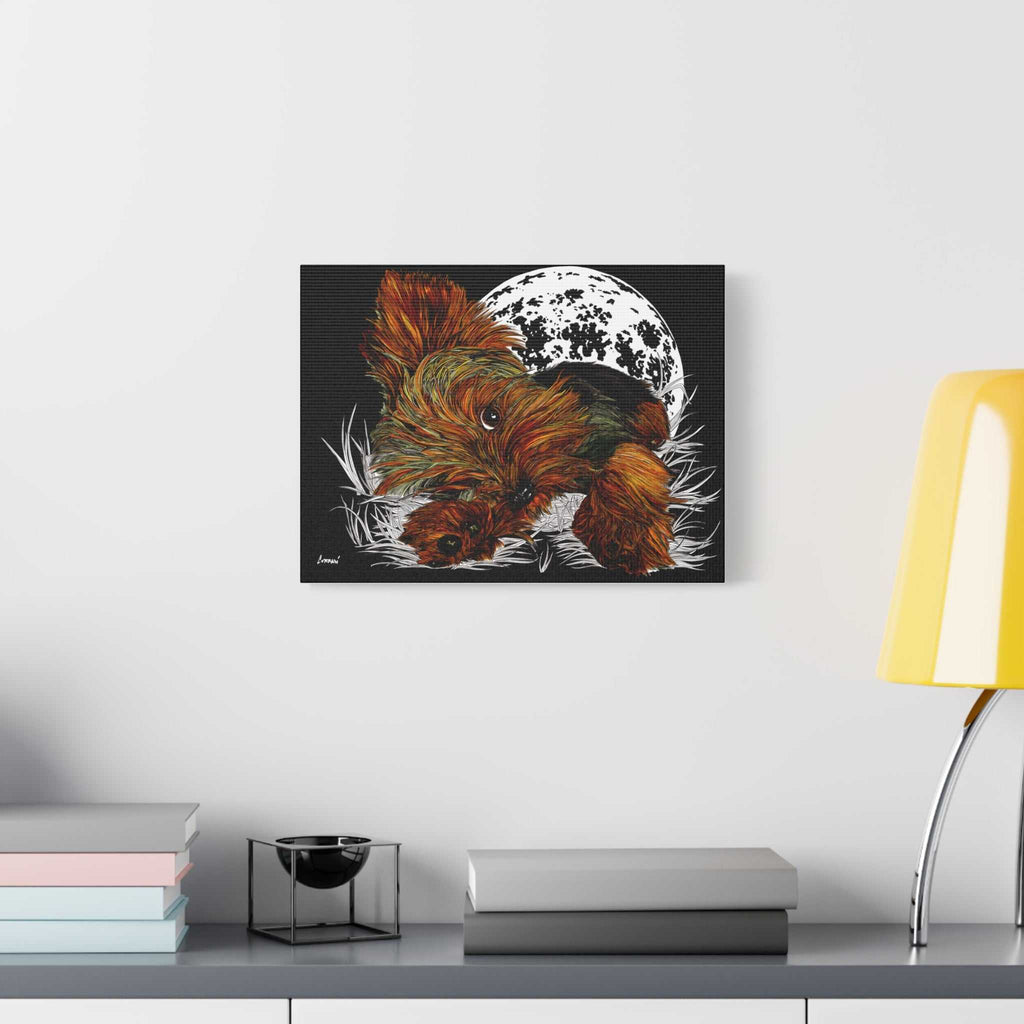 Bring a touch of charm to your walls with this adorable Yorkie Terrier Canvas Print - Cozy Yorkie with Moon Design. Perfect for dog lovers!