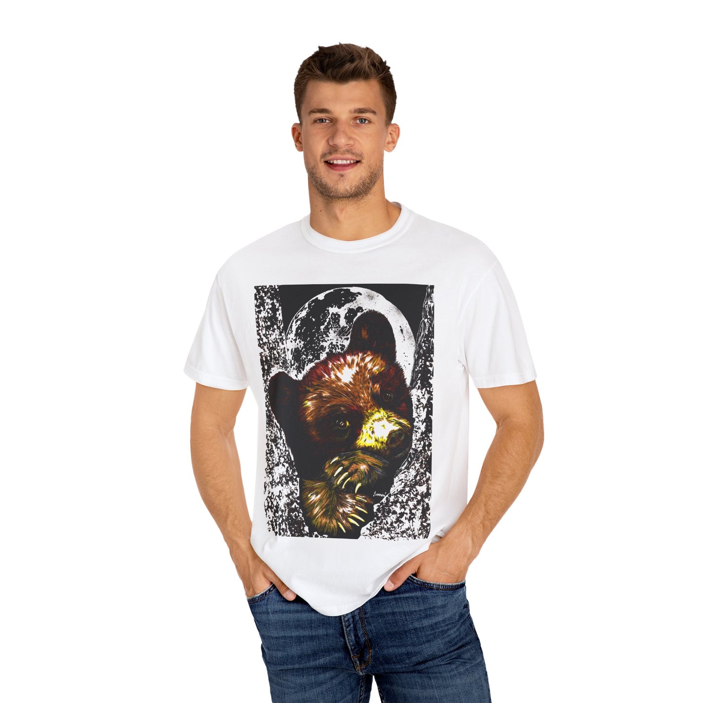 Moonlit Brown Bear Cub Unisex Garment-Dyed T-Shirt | Nature-Inspired Apparel