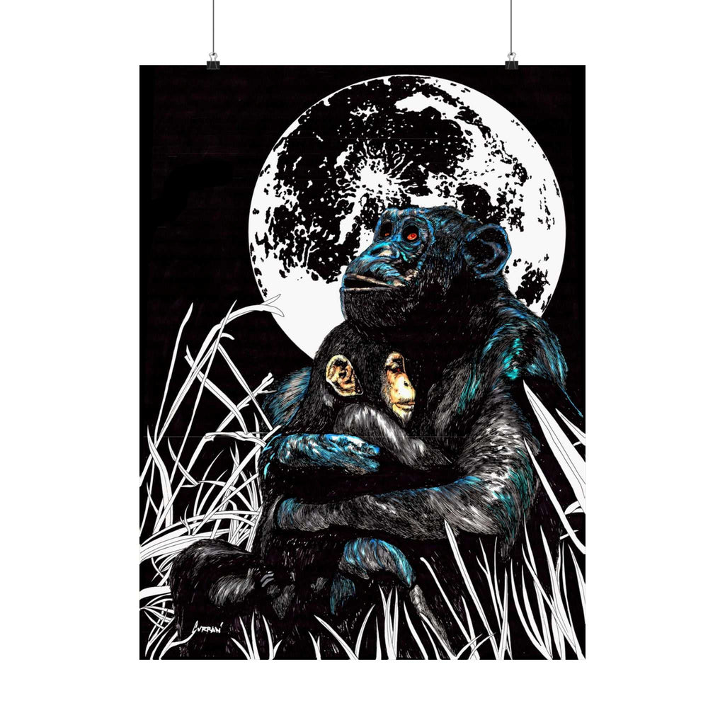 Satin Poster - Moonlit Gorilla and Child Embrace Art Print featuring the Hand Drawn, Original Animal Wall Art Poster by Kris Curran artist at Curran Artworks.