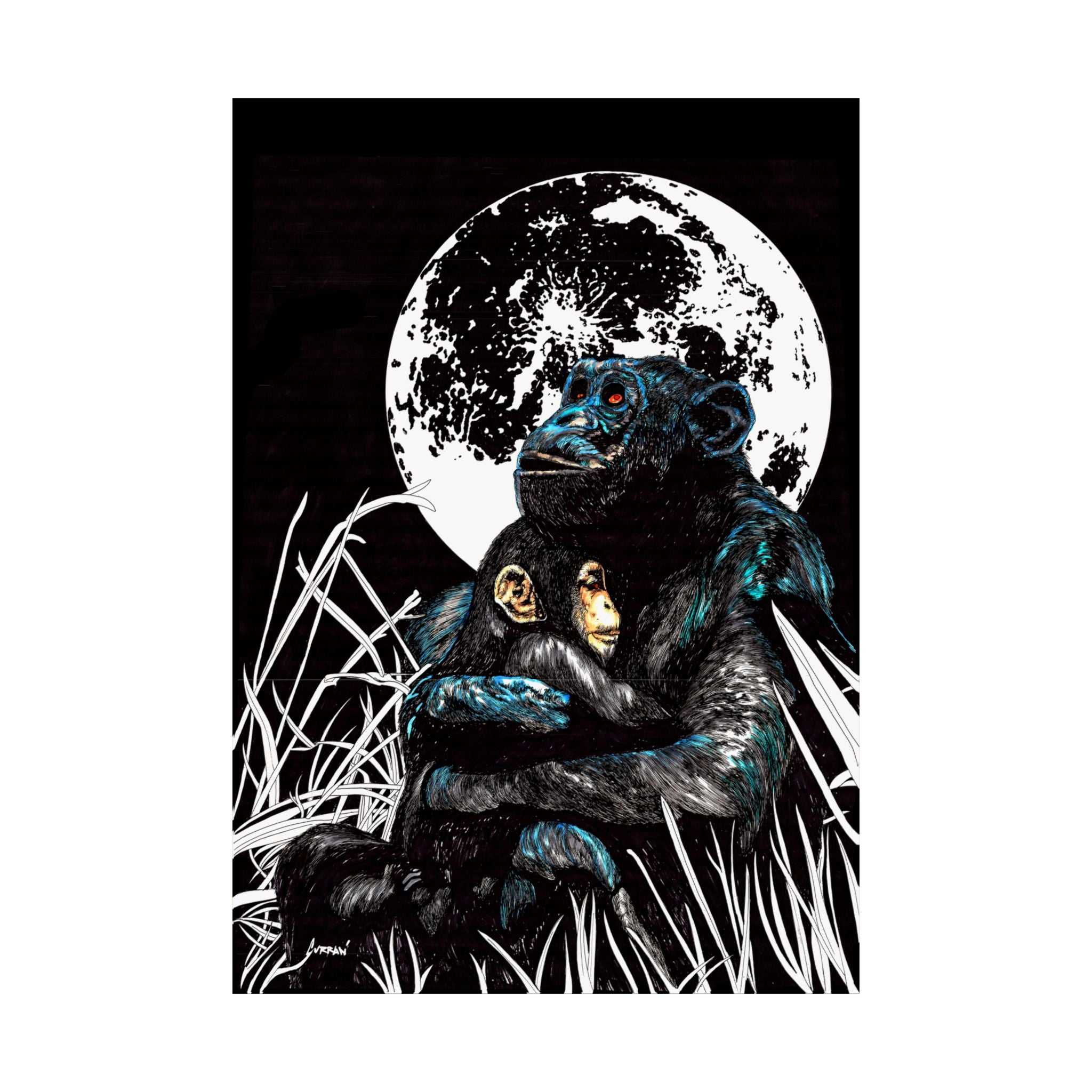 Satin Poster - Moonlit Gorilla and Child Embrace Art Print featuring the Hand Drawn, Original Animal Wall Art Poster by Kris Curran artist at Curran Artworks.