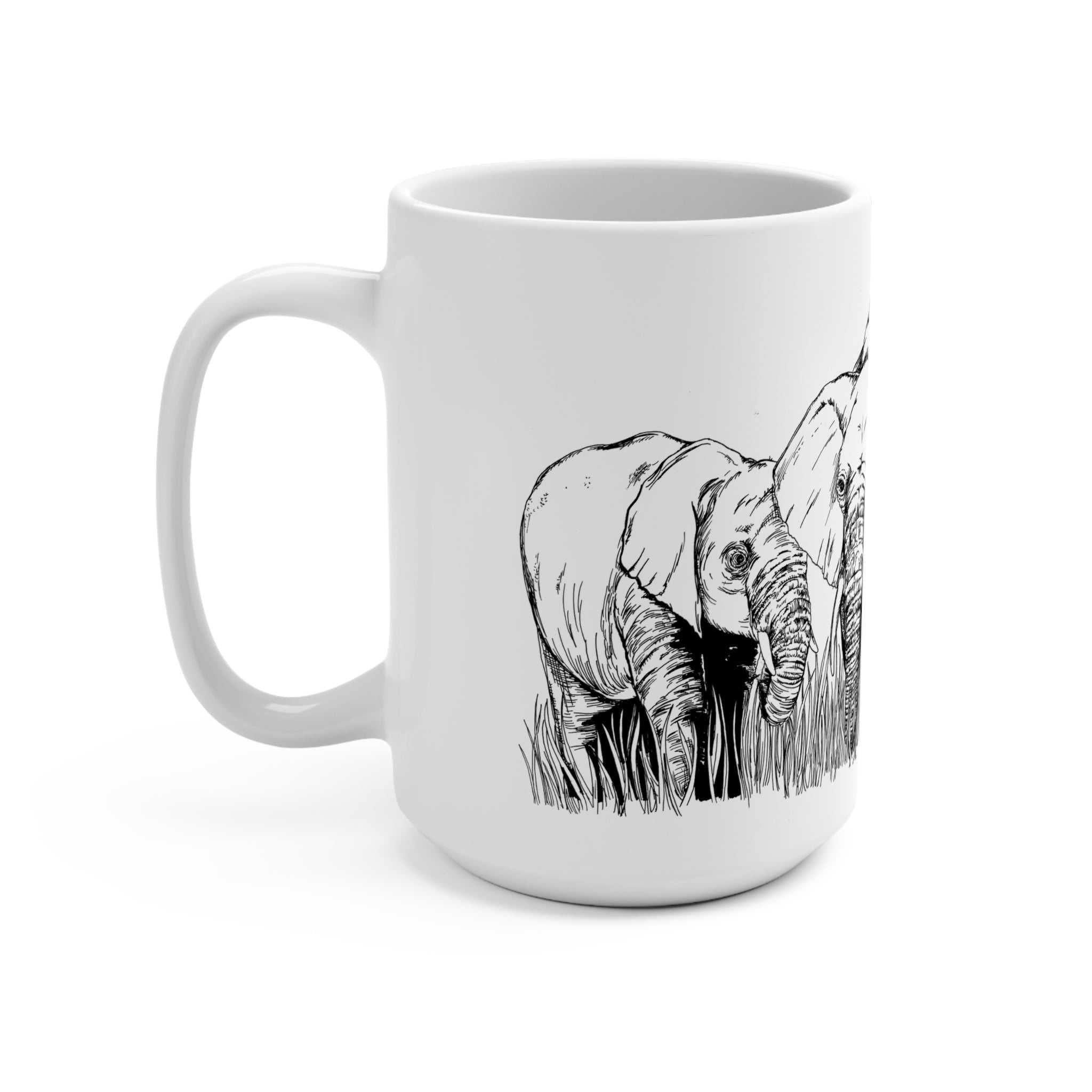 15oz Mug depicting Original Hand-Drawn Elephant Family Art