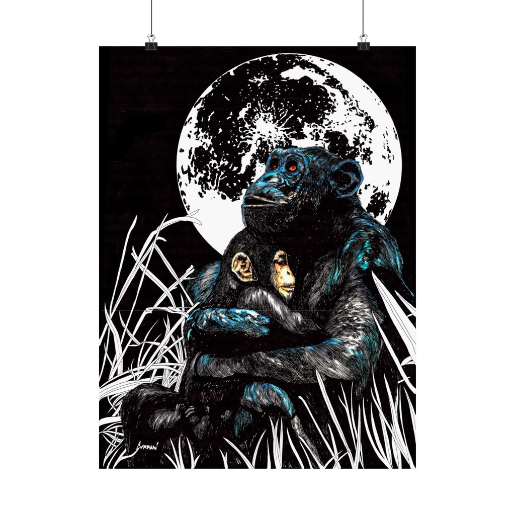 Satin Poster - Moonlit Gorilla and Child Embrace Art Print featuring the Hand Drawn, Original Animal Wall Art Poster by Kris Curran artist at Curran Artworks.
