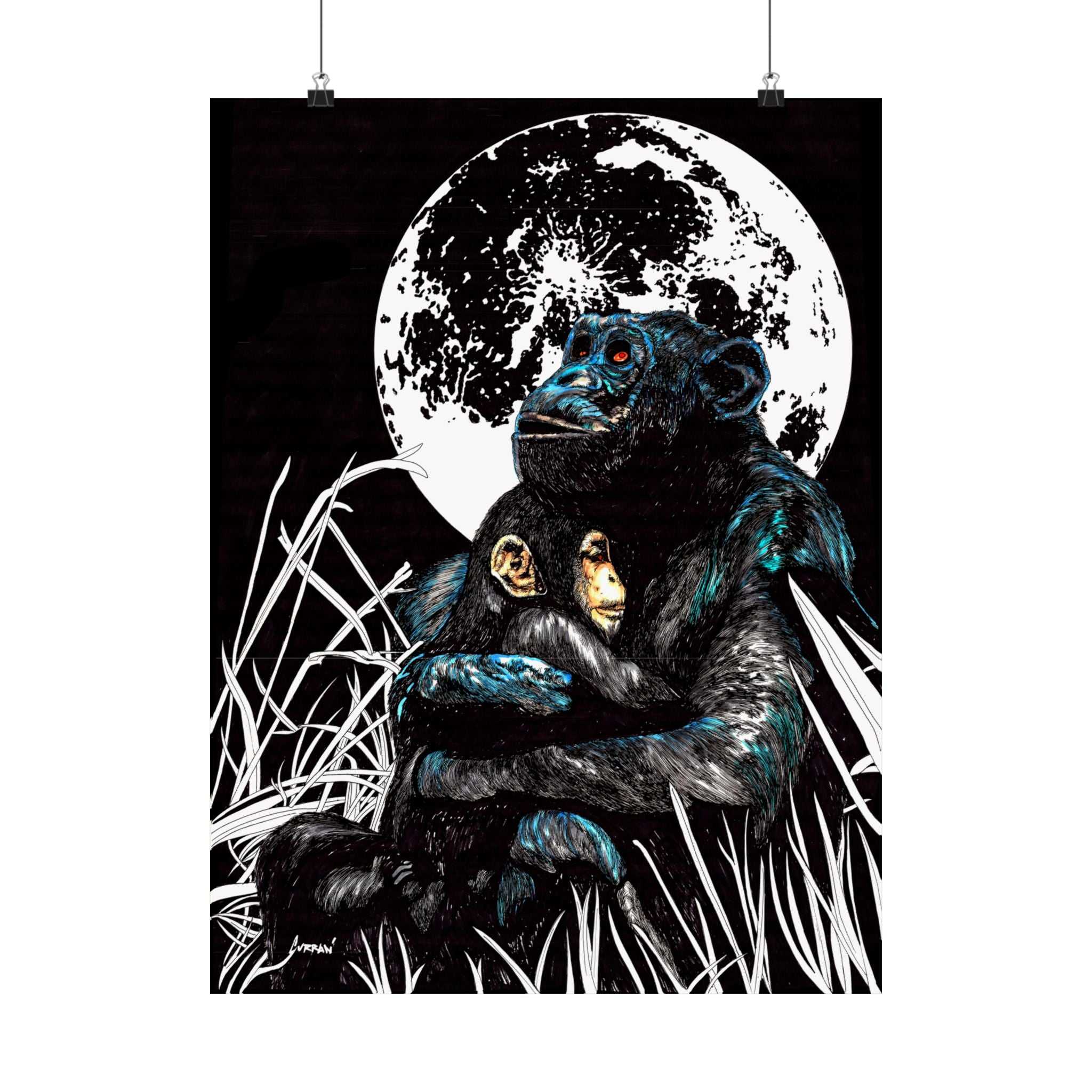 Satin Poster - Moonlit Gorilla and Child Embrace Art Print featuring the Hand Drawn, Original Animal Wall Art Poster by Kris Curran artist at Curran Artworks.