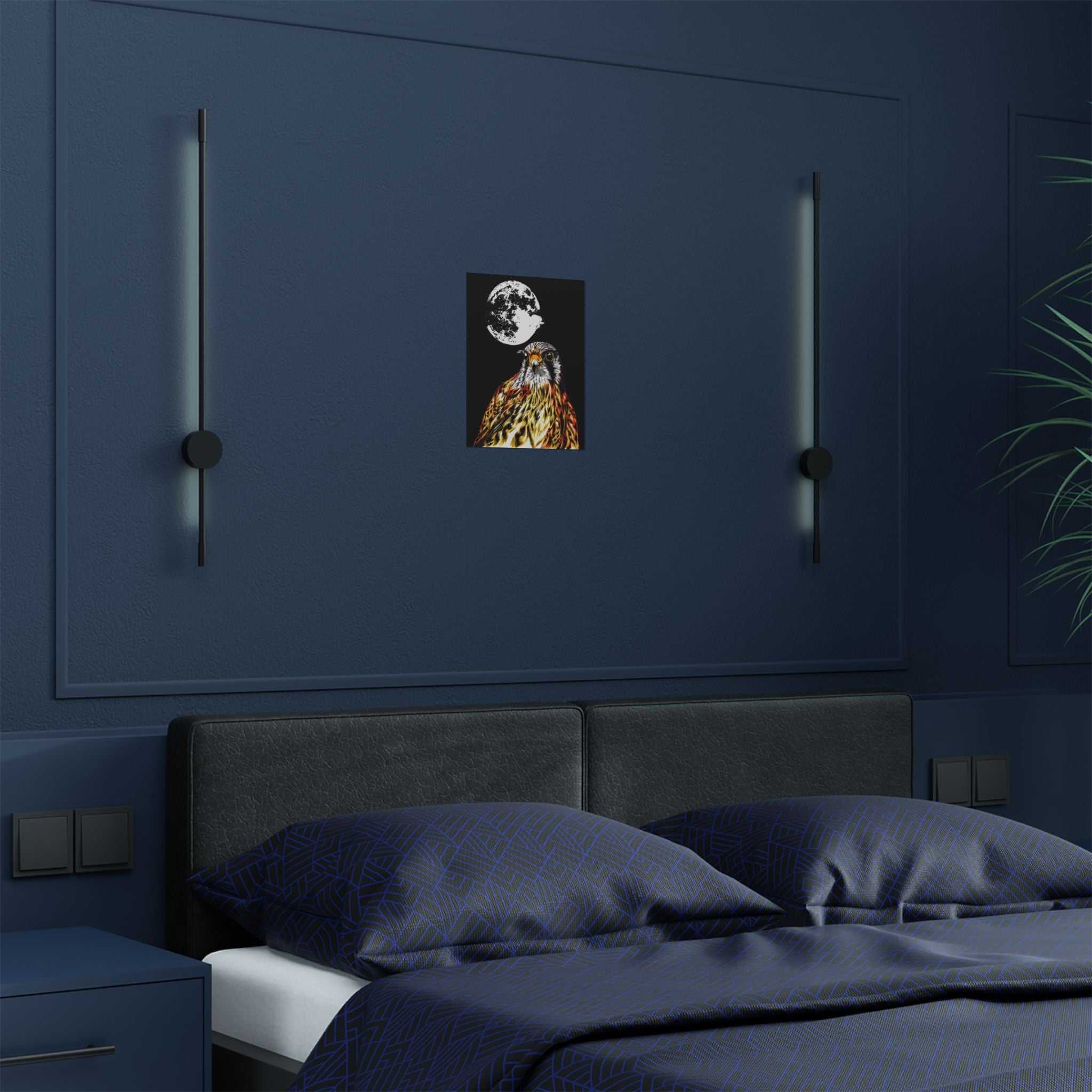 Elevate your space with the Wildlife Satin Poster - Majestic Falcon with Moon Design showcasing the Original, Hand Drawn Art. Bring nature's beauty home today!
