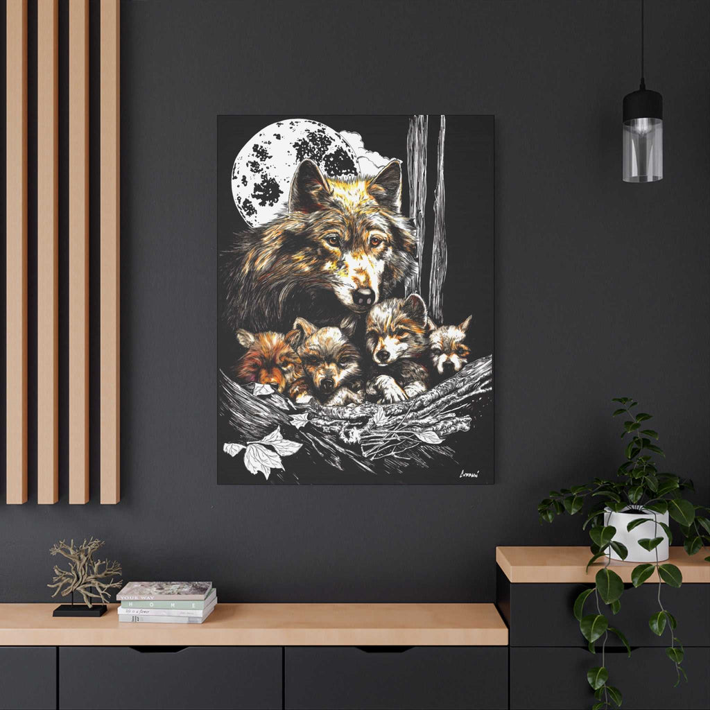 Wolf Wall Art, Wolf Print, Hand-Drawn Wolves, Wildlife Art, Wolf and Cubs, Nature Wall Decor, Animal Lover Gift, Woodland Art Printed on Matte Canvas,