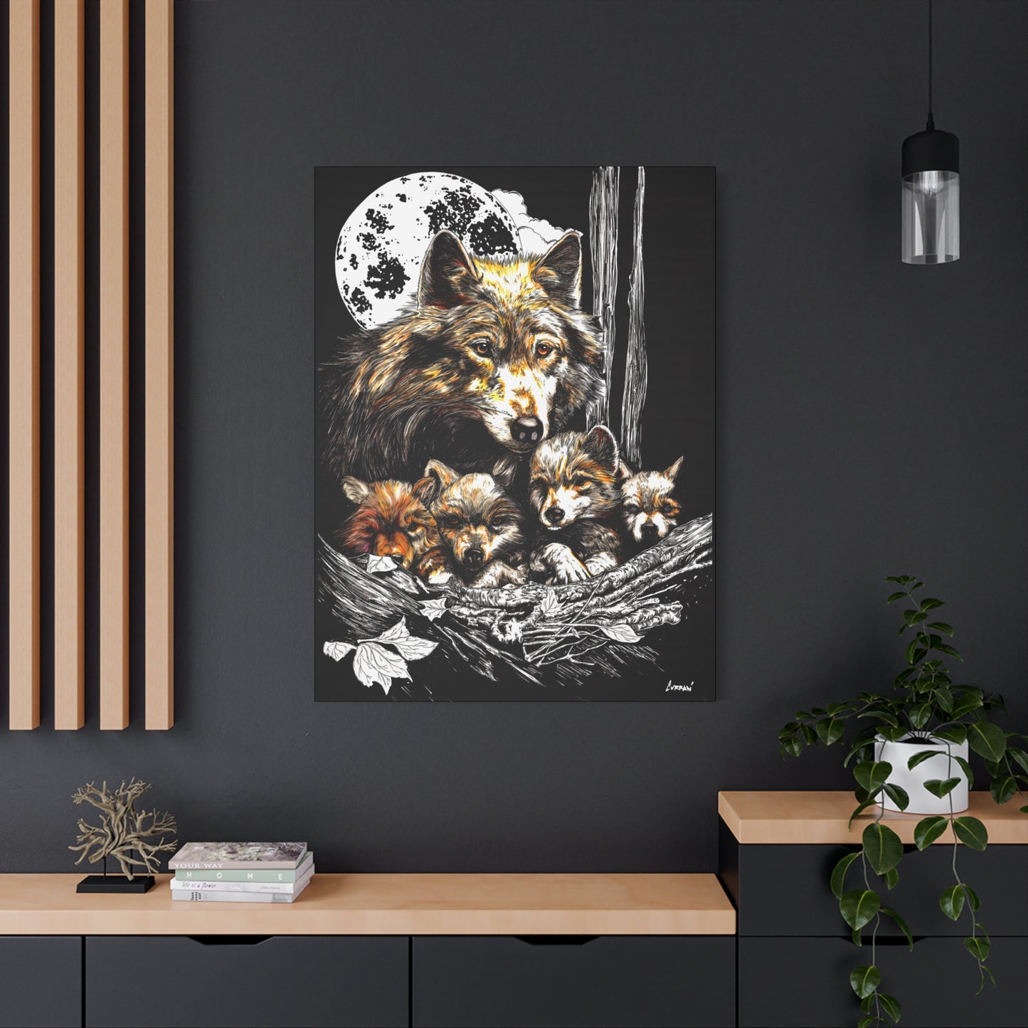Wolf Wall Art, Wolf Print, Hand-Drawn Wolves, Wildlife Art, Wolf and Cubs, Nature Wall Decor, Animal Lover Gift, Woodland Art Printed on Matte Canvas, Stretched, 1.25"