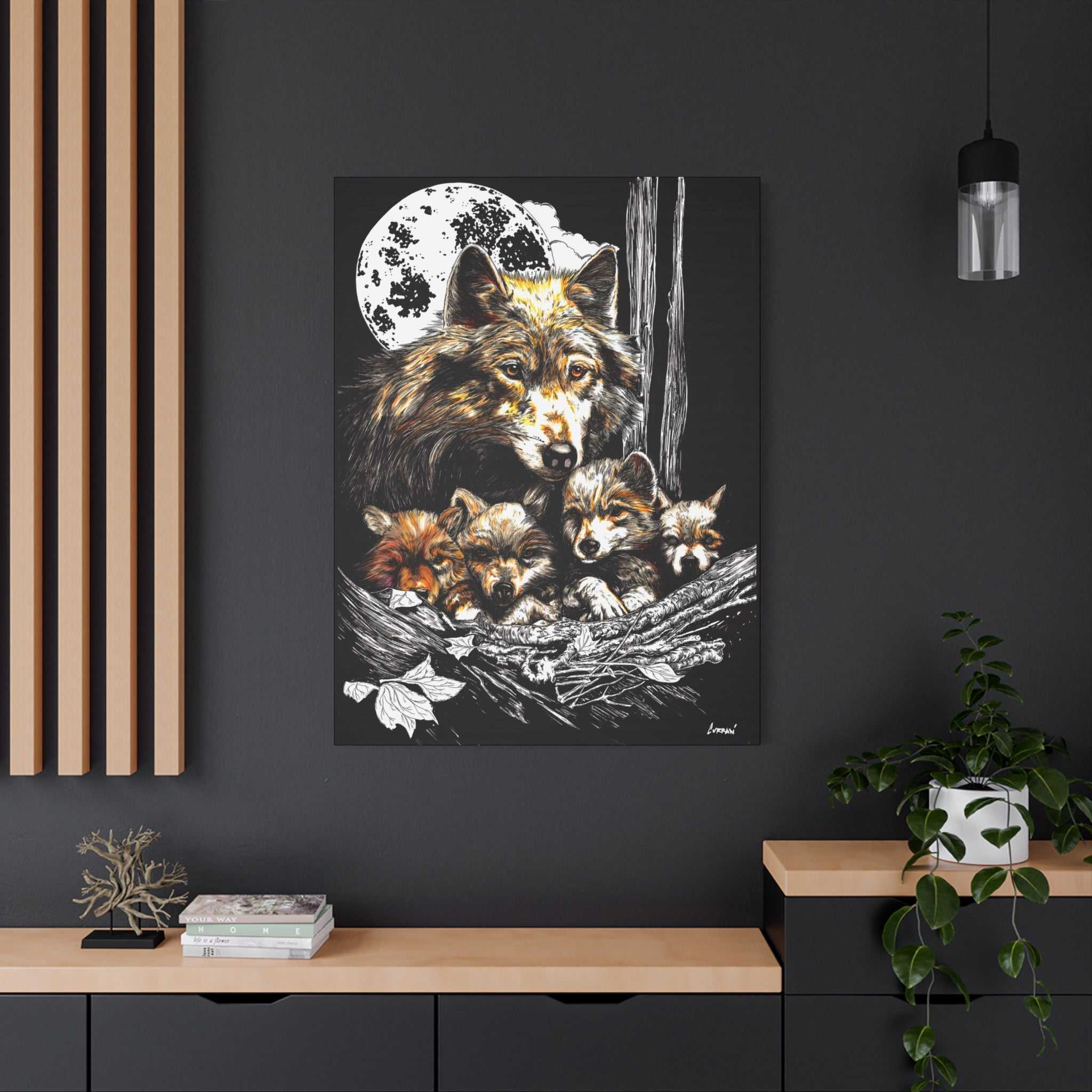 Wolf Wall Art, Wolf Print, Hand-Drawn Wolves, Wildlife Art, Wolf and Cubs, Nature Wall Decor, Animal Lover Gift, Woodland Art Printed on Matte Canvas,