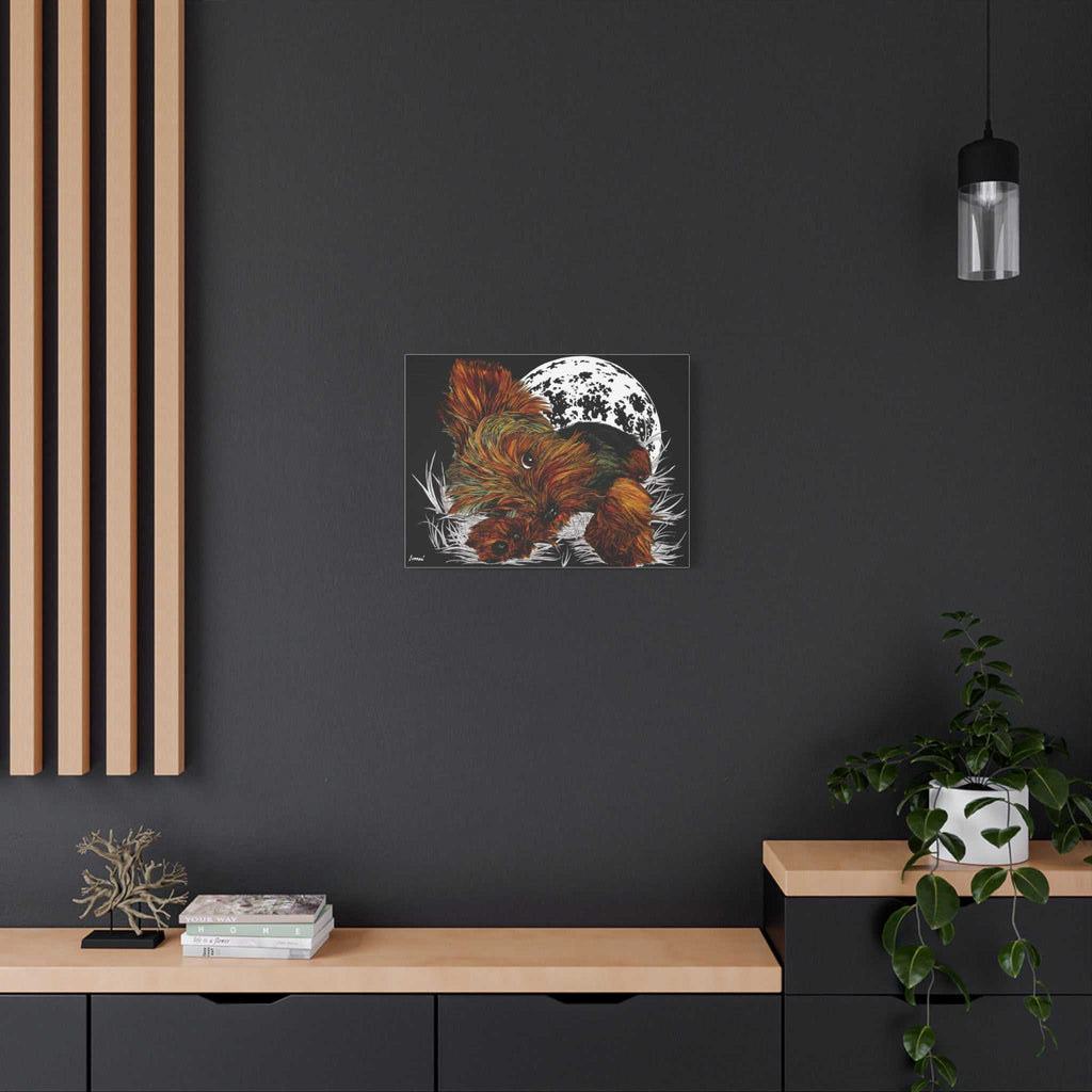 Bring a touch of charm to your walls with this adorable Yorkie Terrier Canvas Print - Cozy Yorkie with Moon Design. Perfect for dog lovers!