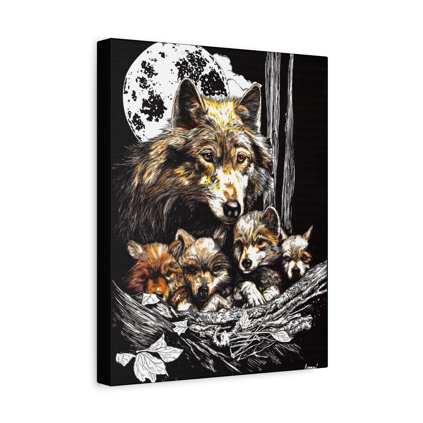 Wolf Wall Art, Wolf Print, Hand-Drawn Wolves, Wildlife Art, Wolf and Cubs, Nature Wall Decor, Animal Lover Gift, Woodland Art Printed on Matte Canvas, Stretched, 1.25"
