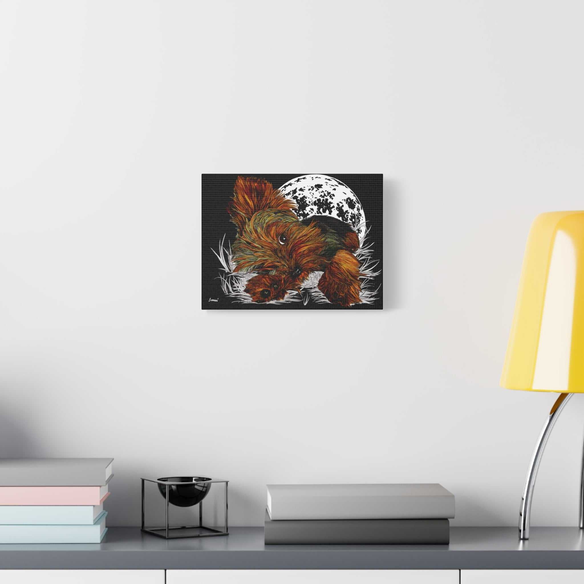 Bring a touch of charm to your walls with this adorable Yorkie Terrier Canvas Print - Cozy Yorkie with Moon Design. Perfect for dog lovers!