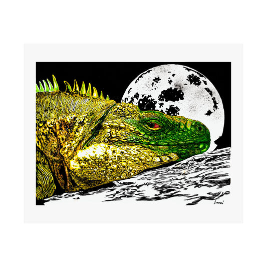 Vibrant Iguana Satin Poster - Moonlit Art Print for Nature Lovers