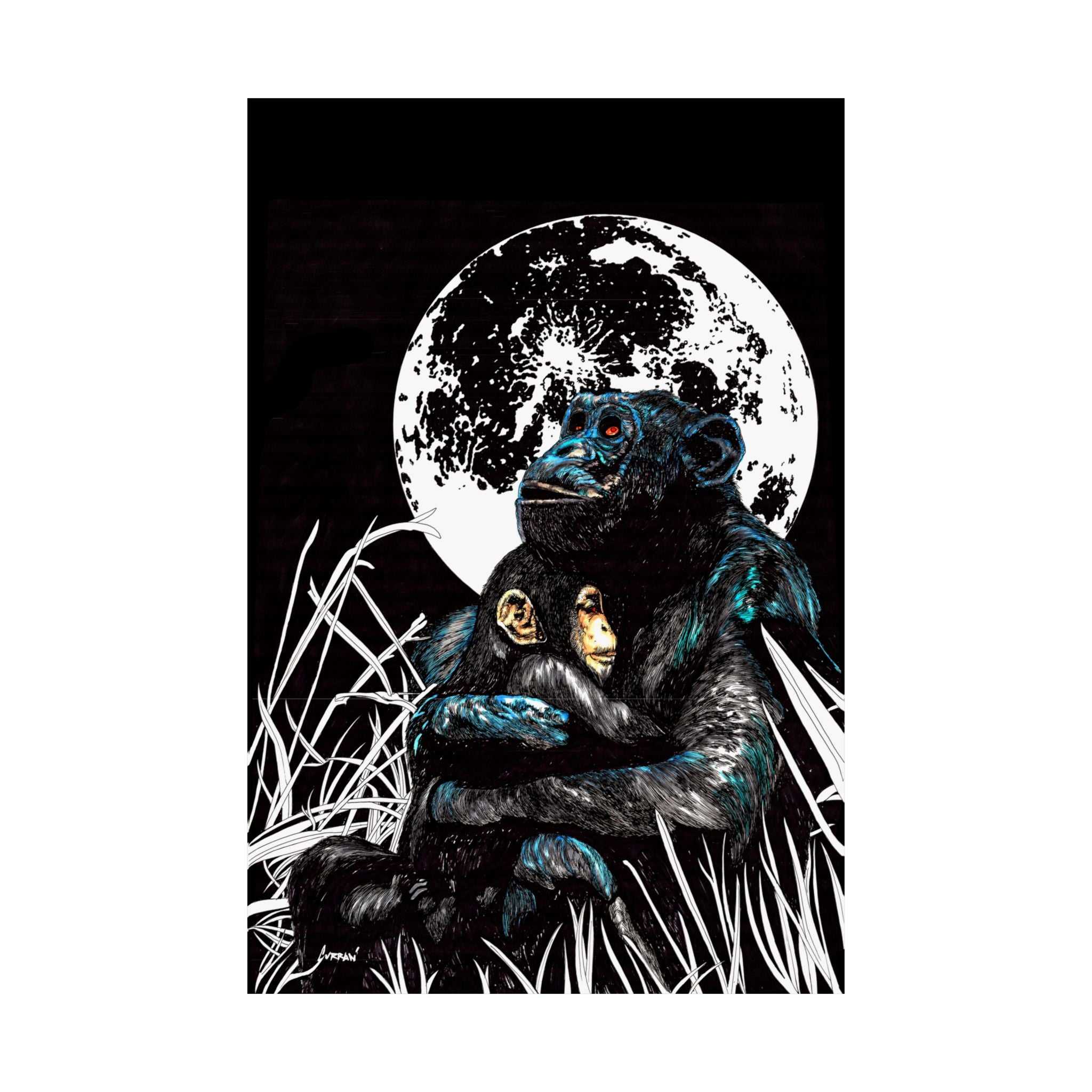 Satin Poster - Moonlit Gorilla and Child Embrace Art Print featuring the Hand Drawn, Original Animal Wall Art Poster by Kris Curran artist at Curran Artworks.