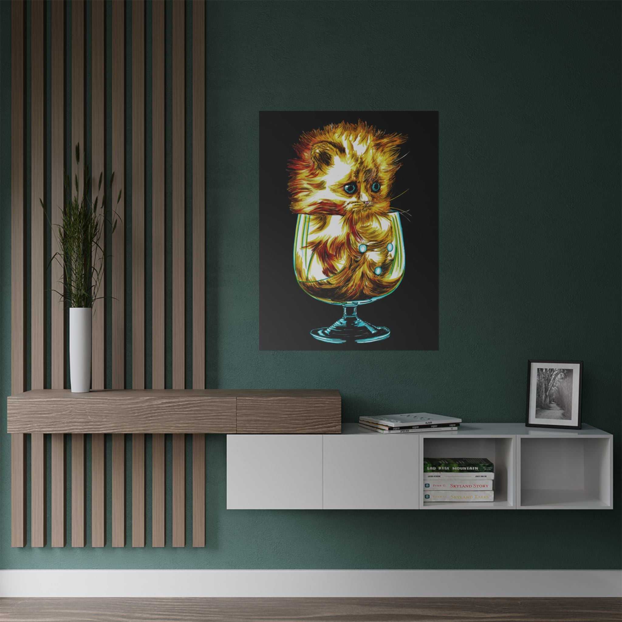 Add a touch of whimsy to your walls with our Whimsical Cat in Glass Satin Poster - 300gsm Art Print for Cat Lovers. Perfect for feline enthusiasts!