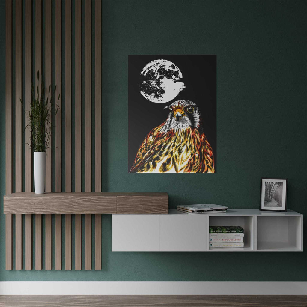 Elevate your space with the Wildlife Satin Poster - Majestic Falcon with Moon Design showcasing the Original, Hand Drawn Art. Bring nature's beauty home today!