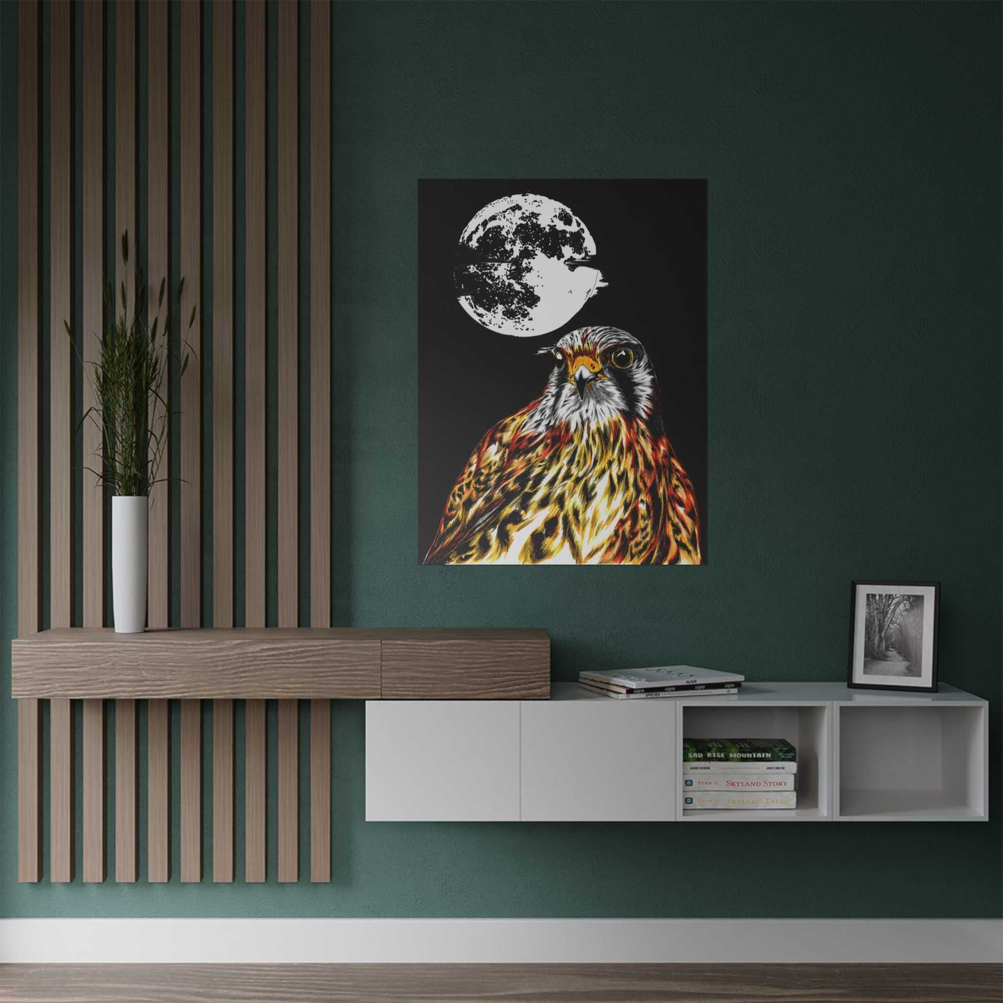 Elevate your space with the Wildlife Satin Poster - Majestic Falcon with Moon Design showcasing the Original, Hand Drawn Art. Bring nature's beauty home today!