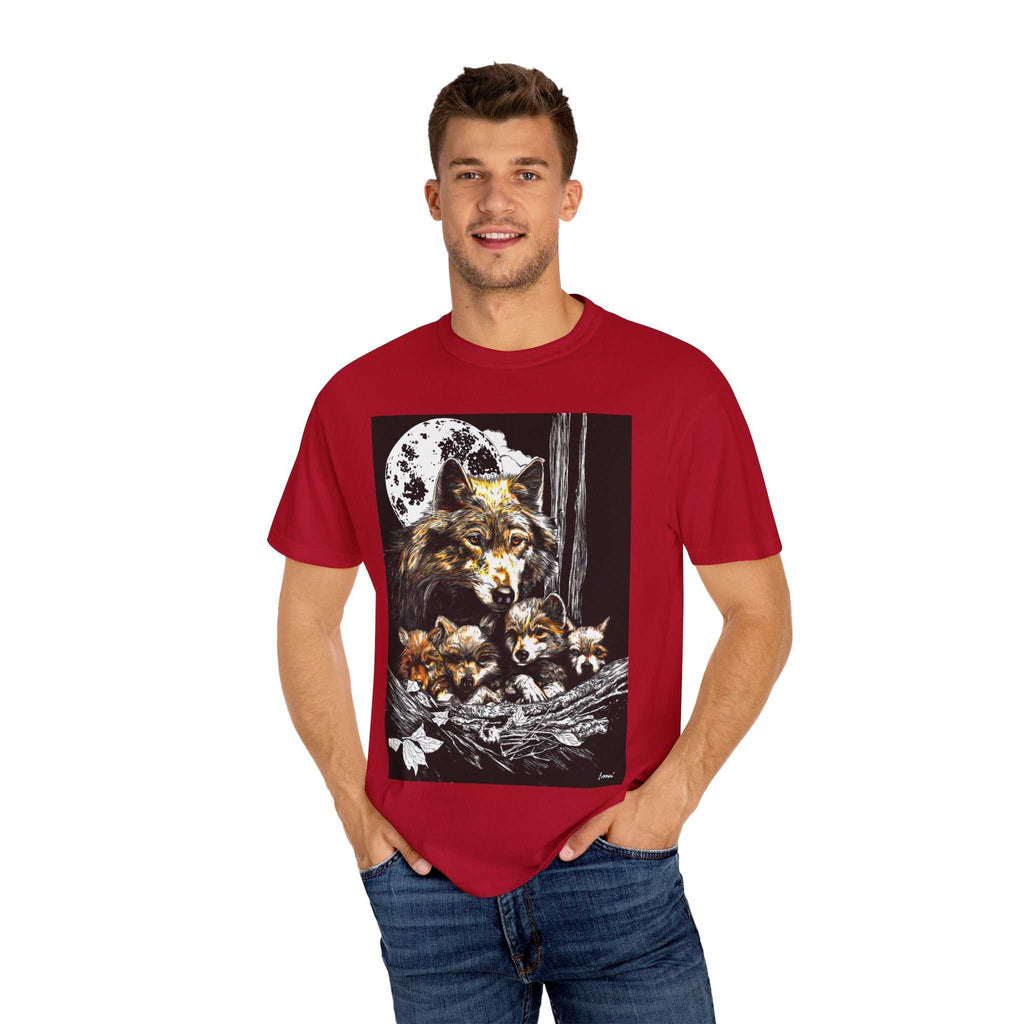 Experience nature inspired art with our exclusive Wolf Family Garment-Dyed T-Shirt - Nature Inspired Art. Stand out in style and connect with wildlife.