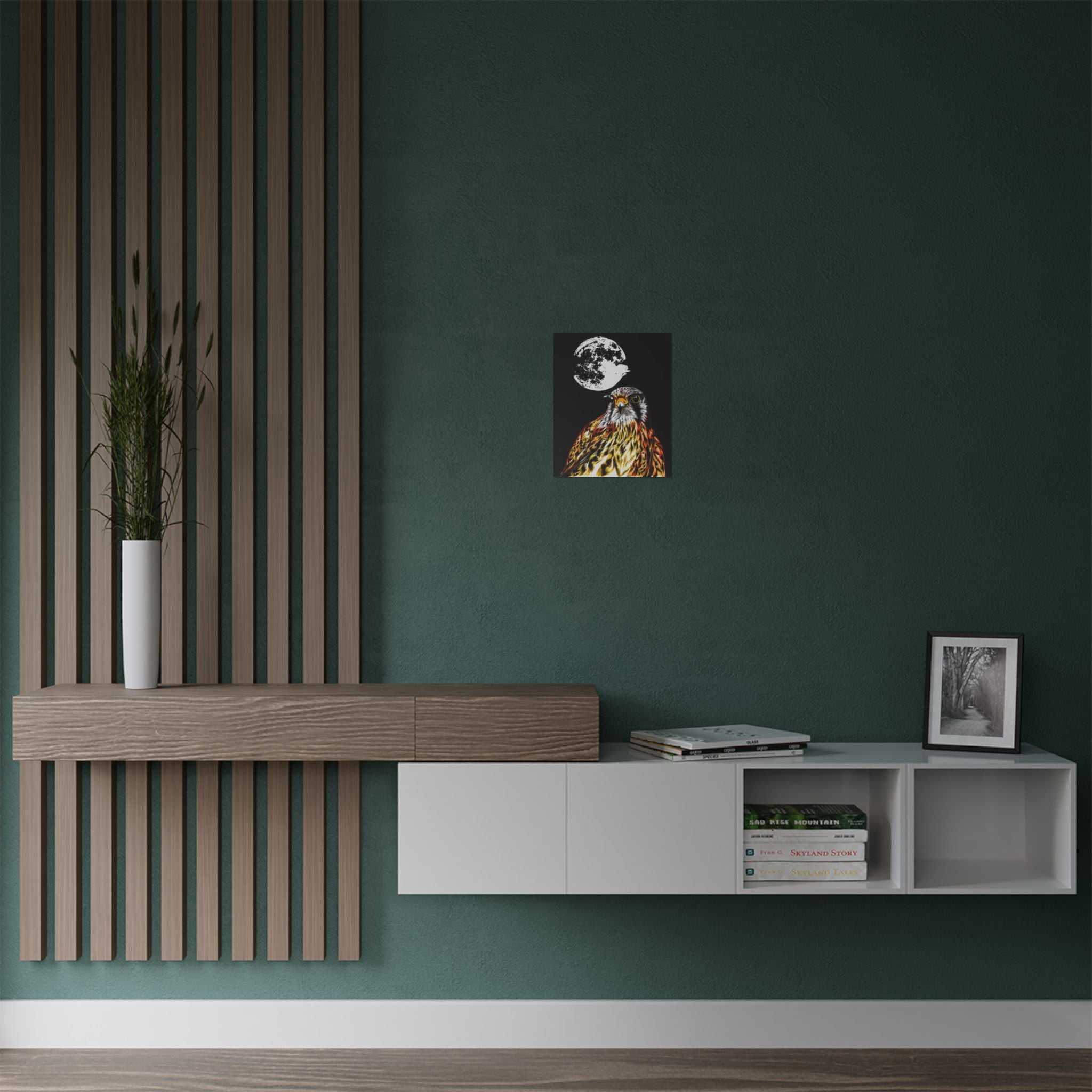 Elevate your space with the Wildlife Satin Poster - Majestic Falcon with Moon Design showcasing the Original, Hand Drawn Art. Bring nature's beauty home today!