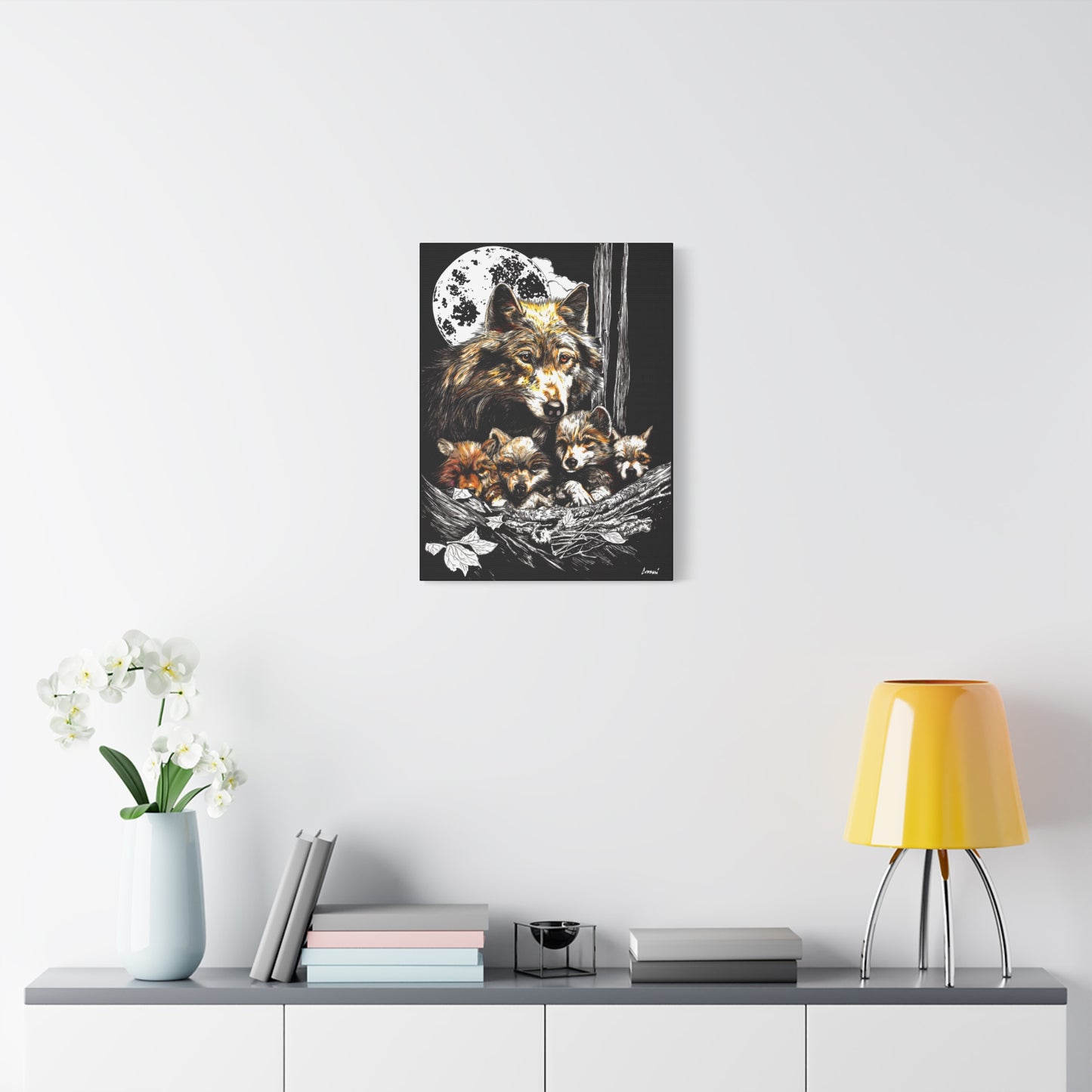 Wolf Wall Art, Wolf Print, Hand-Drawn Wolves, Wildlife Art, Wolf and Cubs, Nature Wall Decor, Animal Lover Gift, Woodland Art Printed on Matte Canvas, Stretched, 1.25"