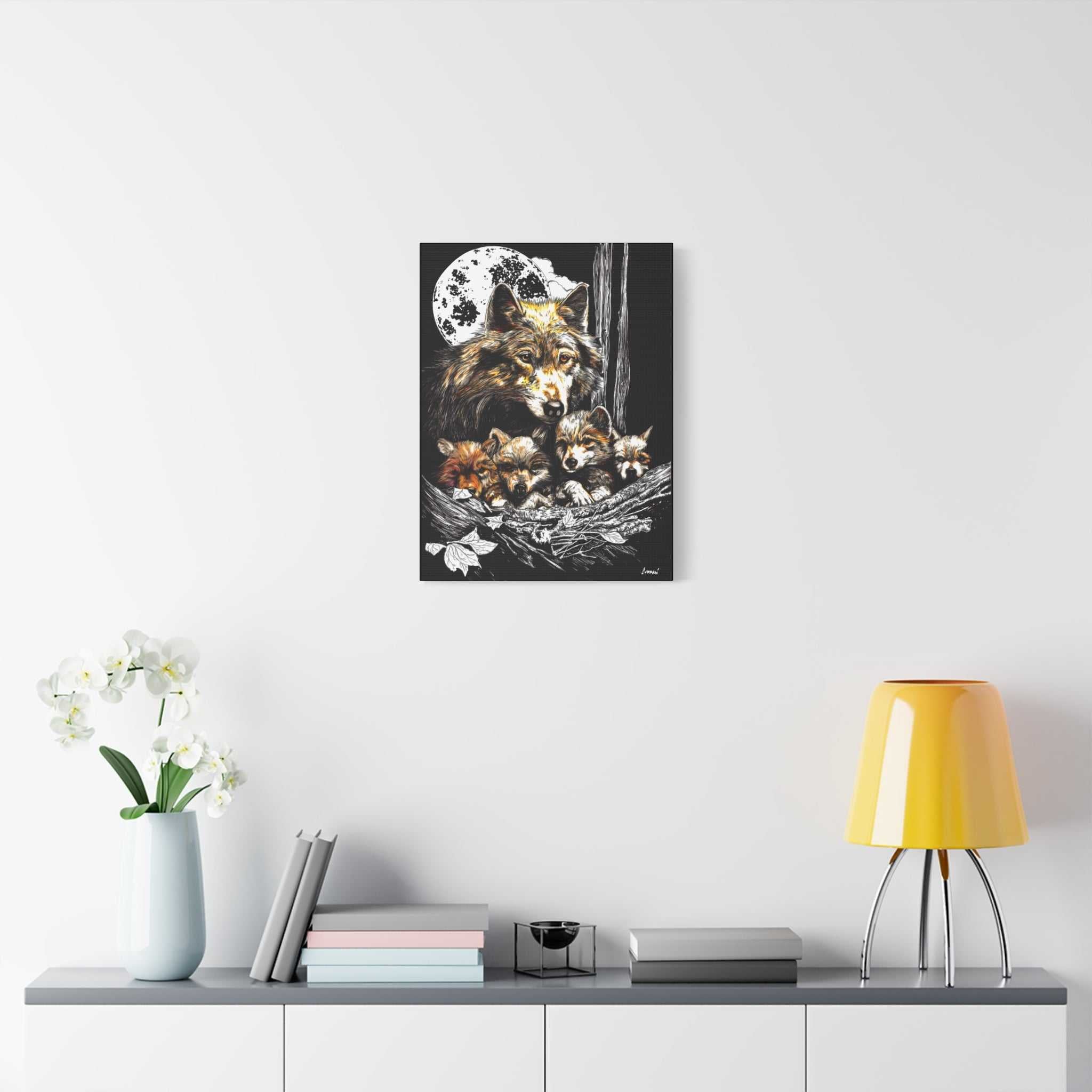 Wolf Wall Art, Wolf Print, Hand-Drawn Wolves, Wildlife Art, Wolf and Cubs, Nature Wall Decor, Animal Lover Gift, Woodland Art Printed on Matte Canvas,