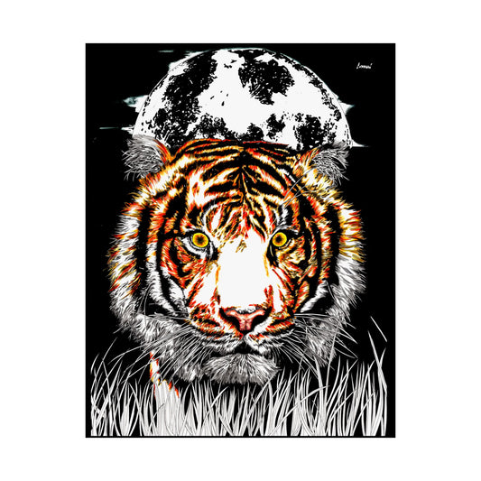 Majestic Tiger Satin Poster - 300gsm Art Print with Moon Design