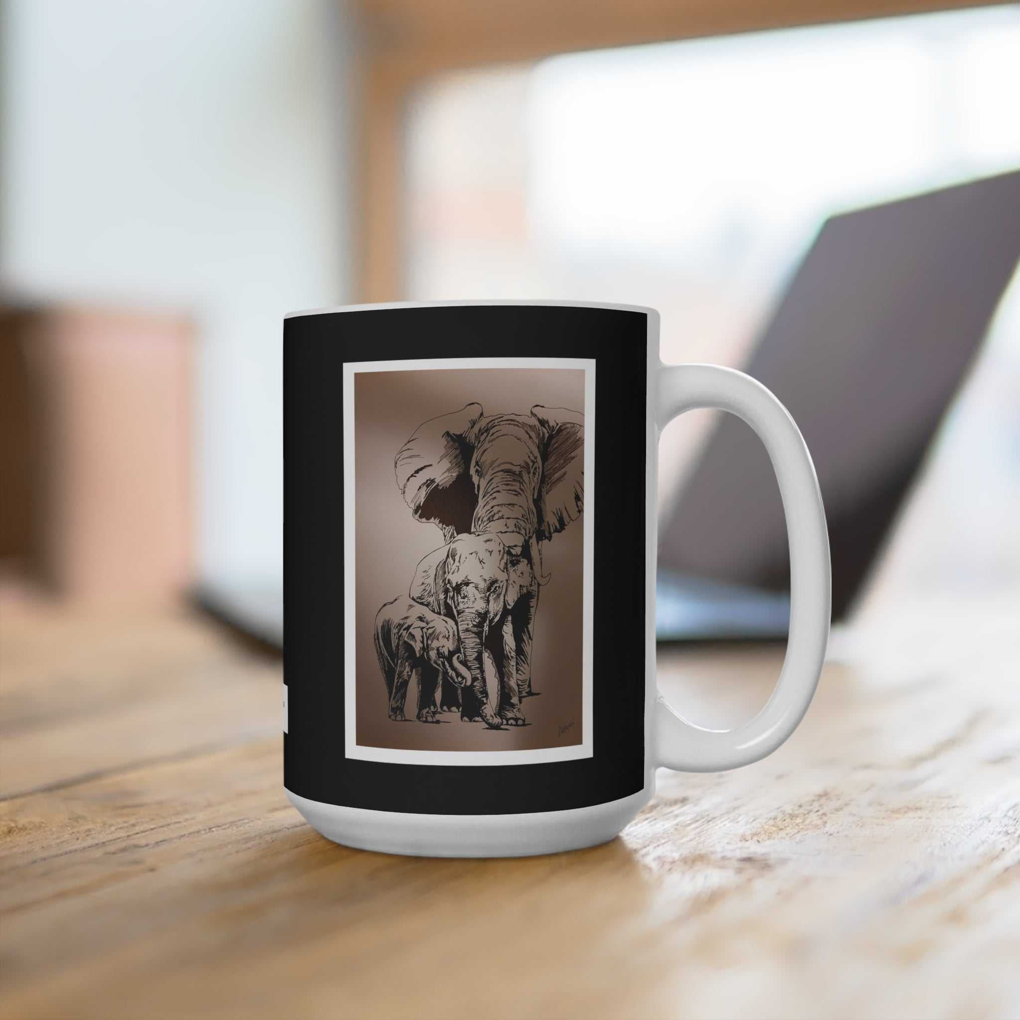 Original Hand-Drawn Family of Elephants Art on a 15oz Mug
