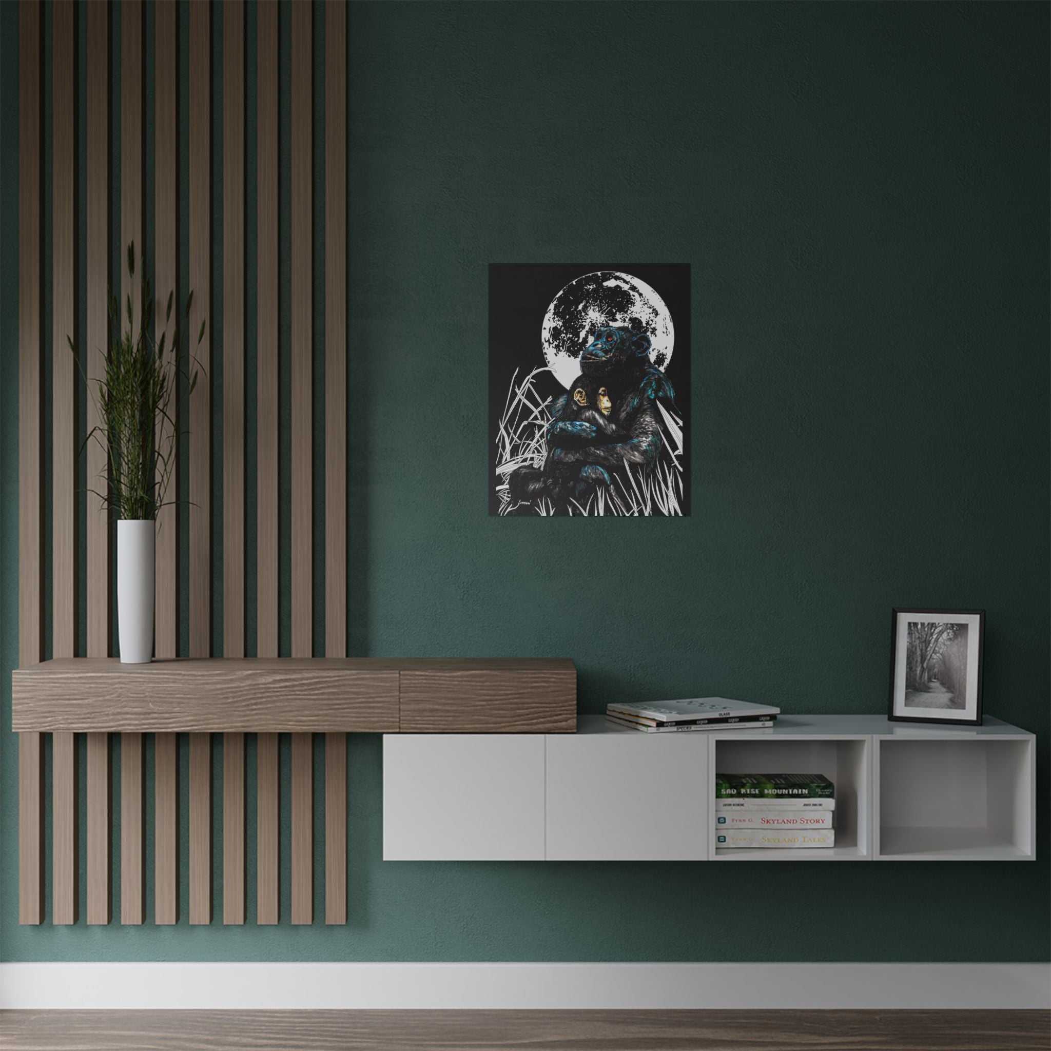 Satin Poster - Moonlit Gorilla and Child Embrace Art Print featuring the Hand Drawn, Original Animal Wall Art Poster by Kris Curran artist at Curran Artworks.