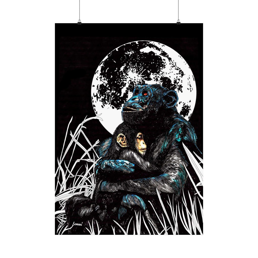 Satin Poster - Moonlit Gorilla and Child Embrace Art Print featuring the Hand Drawn, Original Animal Wall Art Poster by Kris Curran artist at Curran Artworks.