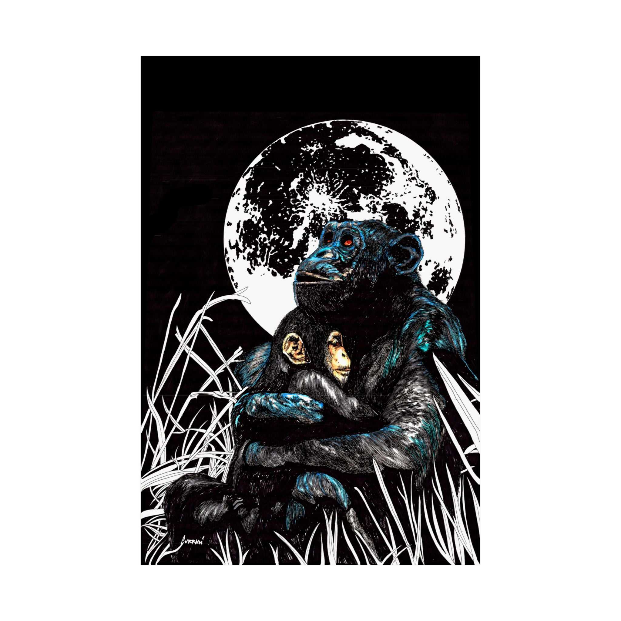 Satin Poster - Moonlit Gorilla and Child Embrace Art Print featuring the Hand Drawn, Original Animal Wall Art Poster by Kris Curran artist at Curran Artworks.