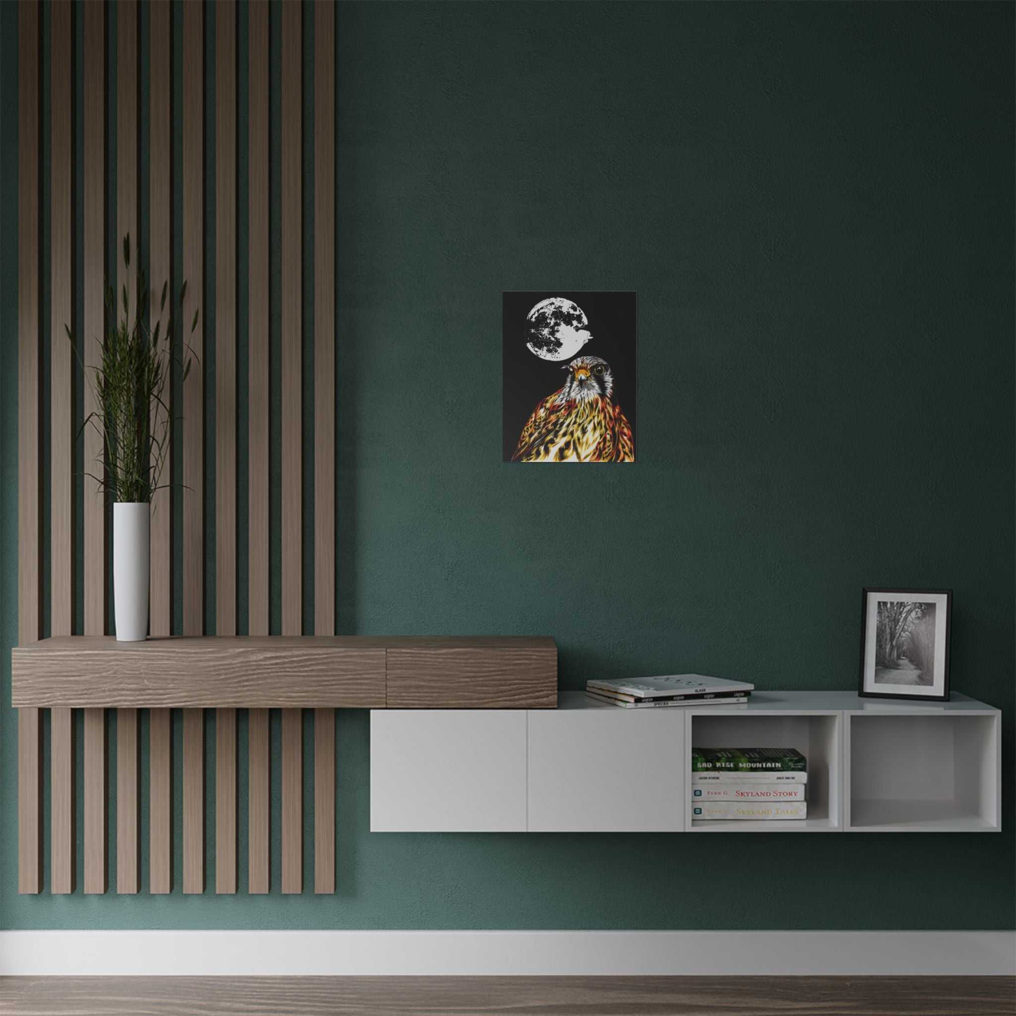 Elevate your space with the Wildlife Satin Poster - Majestic Falcon with Moon Design showcasing the Original, Hand Drawn Art. Bring nature's beauty home today!