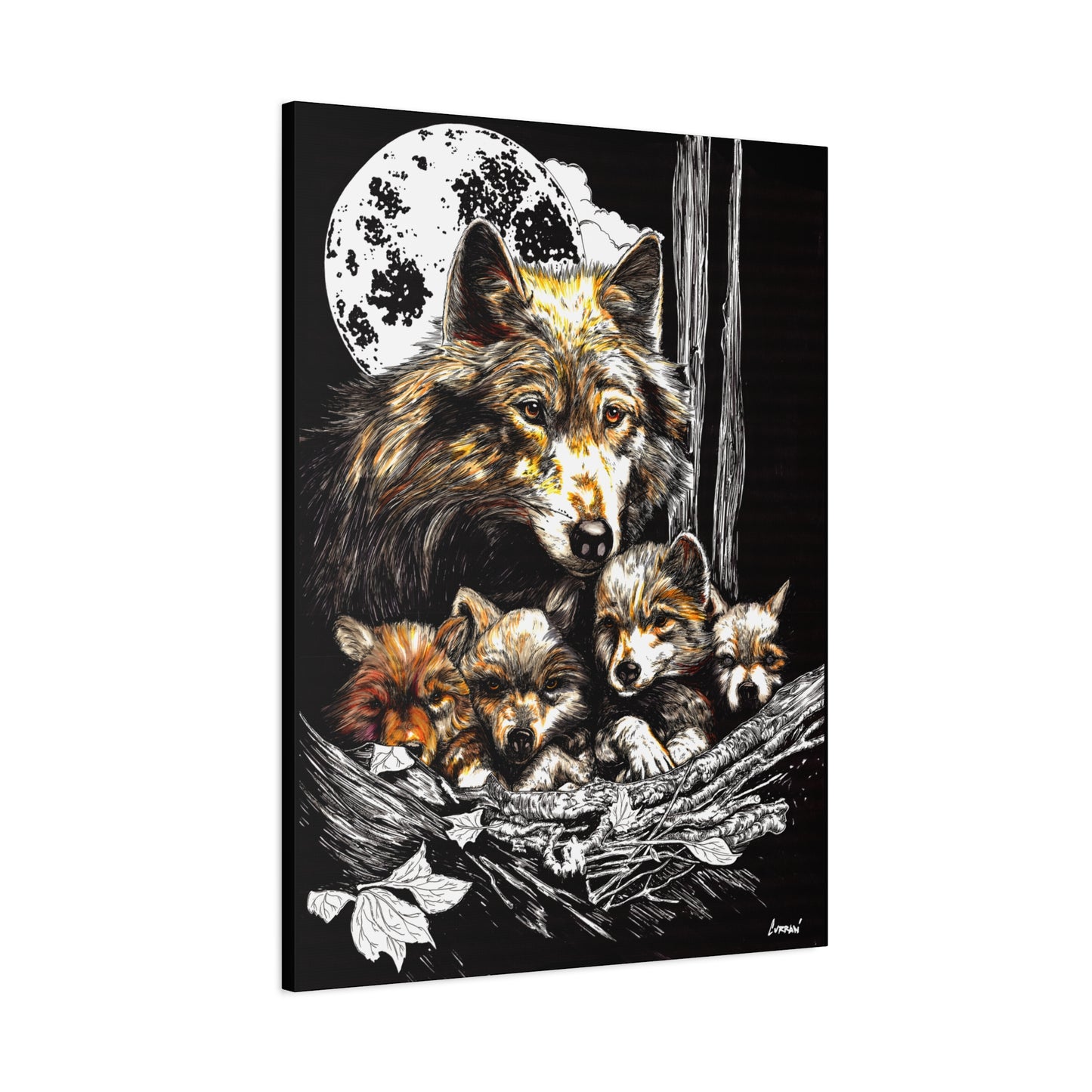 Wolf Wall Art, Wolf Print, Hand-Drawn Wolves, Wildlife Art, Wolf and Cubs, Nature Wall Decor, Animal Lover Gift, Woodland Art Printed on Matte Canvas, Stretched, 1.25"