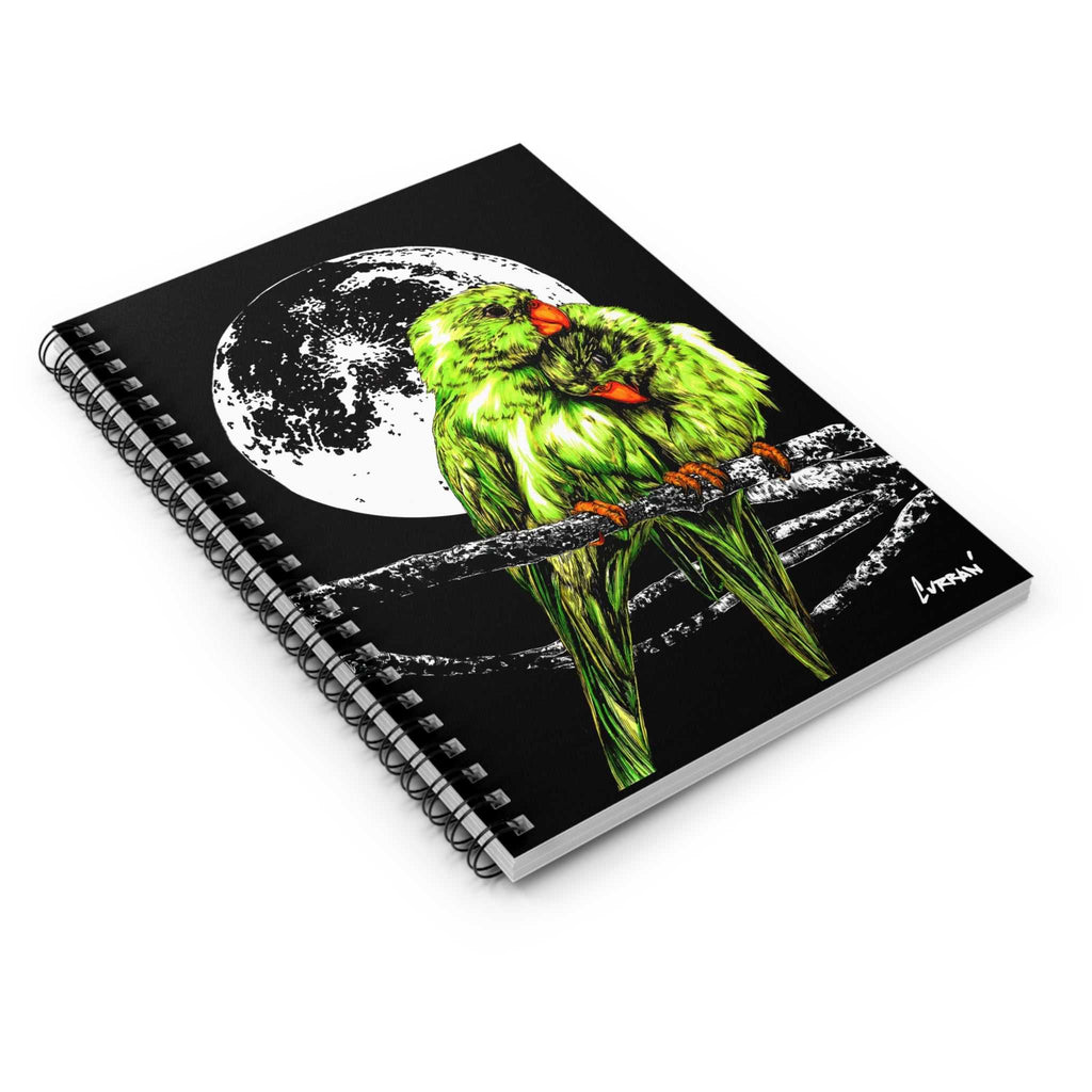 Discover the enchanting beauty of Two Parrots in the Moonlight Spiral Notebook, Ruled Line, Hand-Drawn Art. Perfect for capturing your thoughts and dreams.