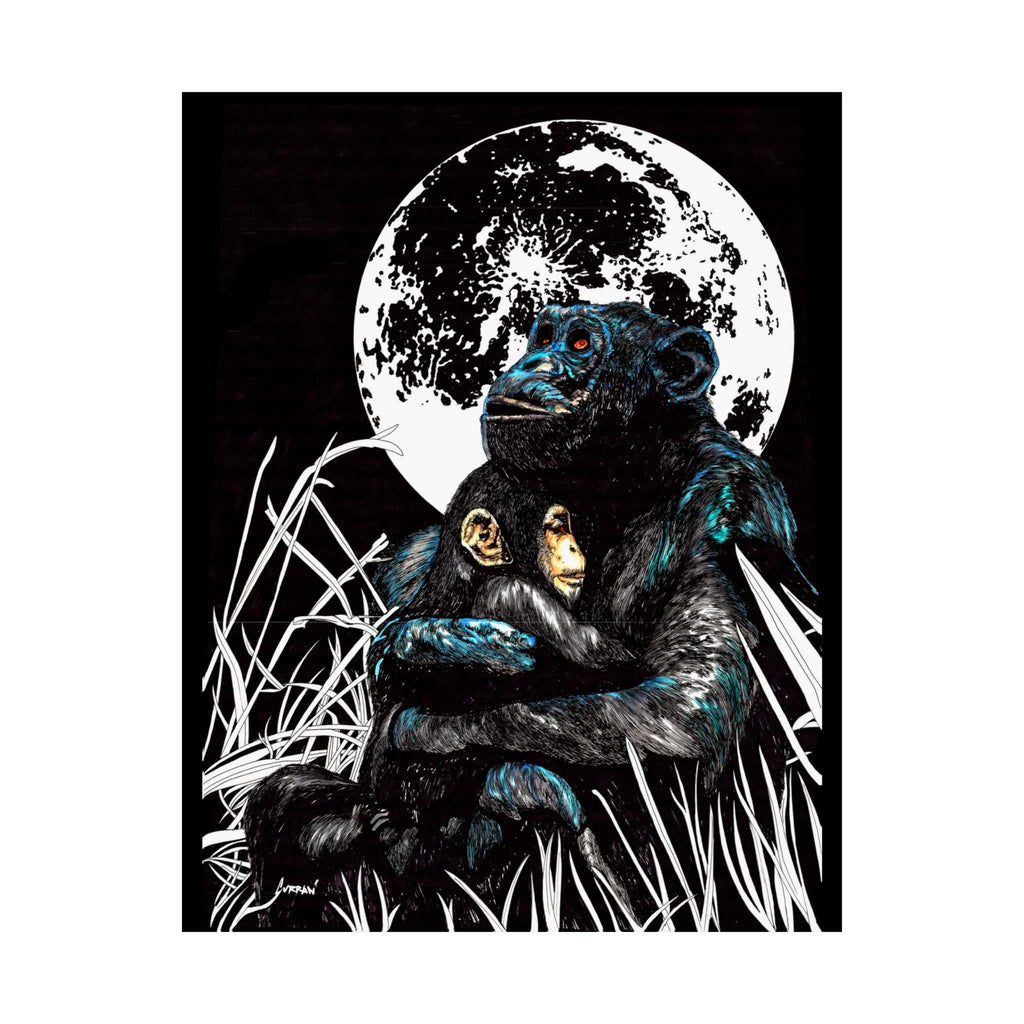 Satin Poster - Moonlit Gorilla and Child Embrace Art Print featuring the Hand Drawn, Original Animal Wall Art Poster by Kris Curran artist at Curran Artworks.