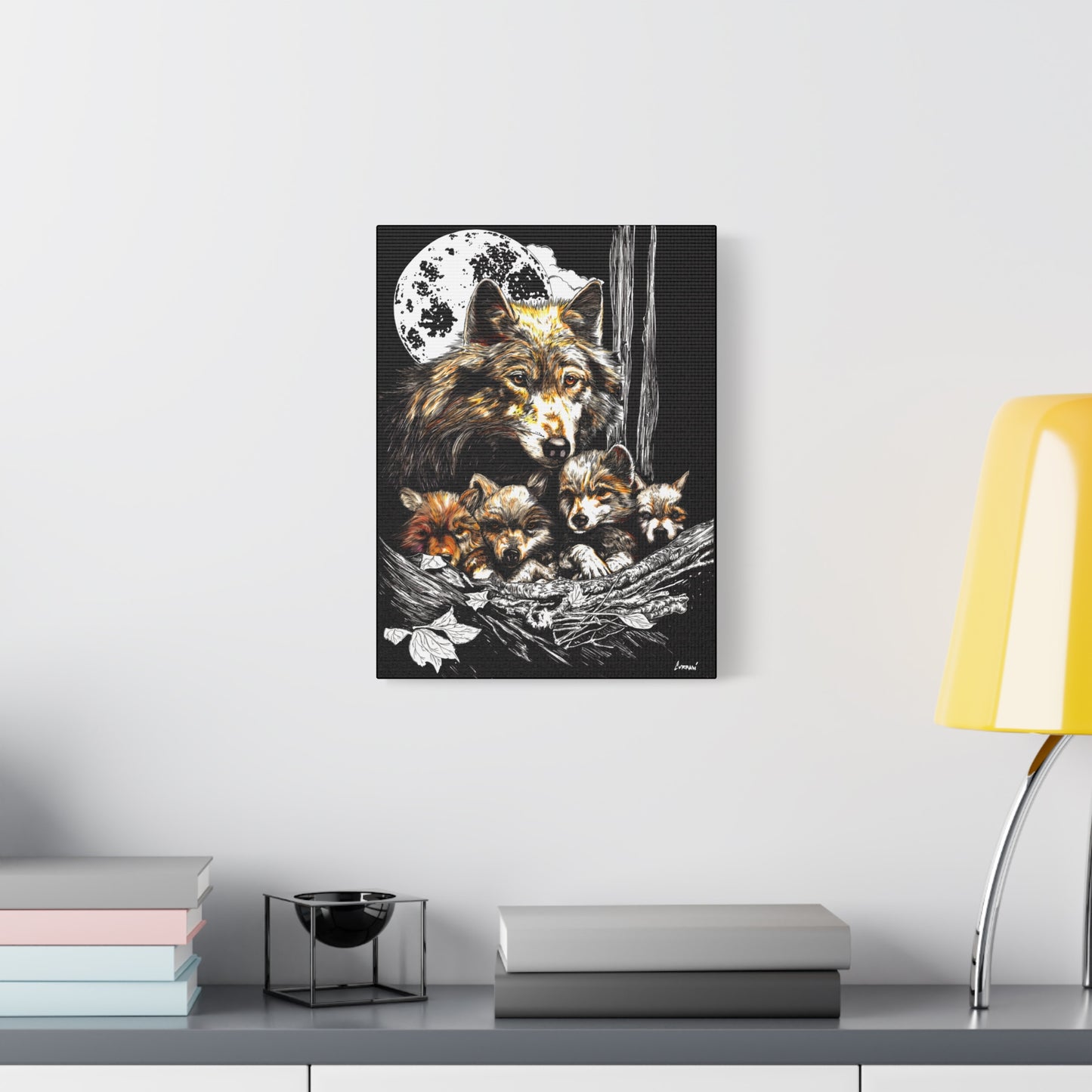Wolf Wall Art, Wolf Print, Hand-Drawn Wolves, Wildlife Art, Wolf and Cubs, Nature Wall Decor, Animal Lover Gift, Woodland Art Printed on Matte Canvas, Stretched, 1.25"