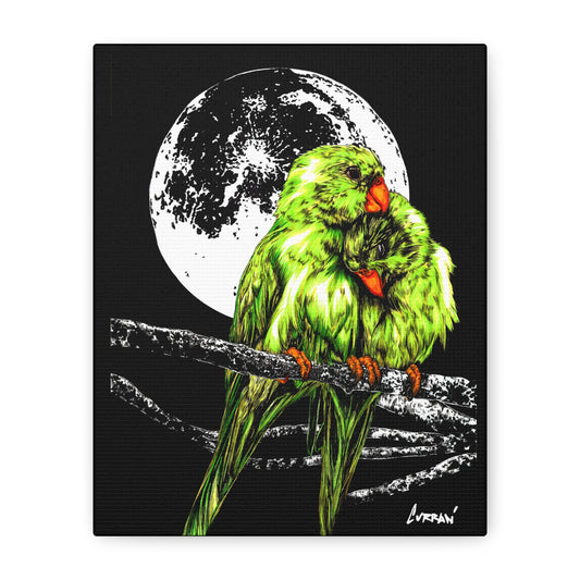 Lush Lovebirds Canvas Art Prints - Stretched Matte Wall Decor with two Parrots and a Moon Design