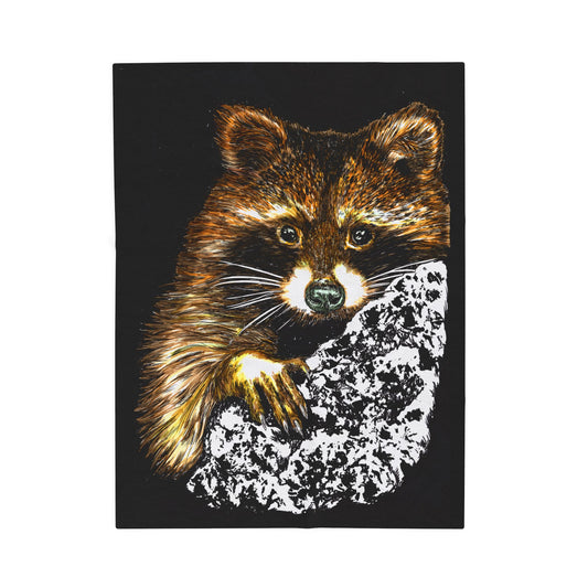 Raccoon illustration on black background, featured on a plush blanket designed for animal lovers.