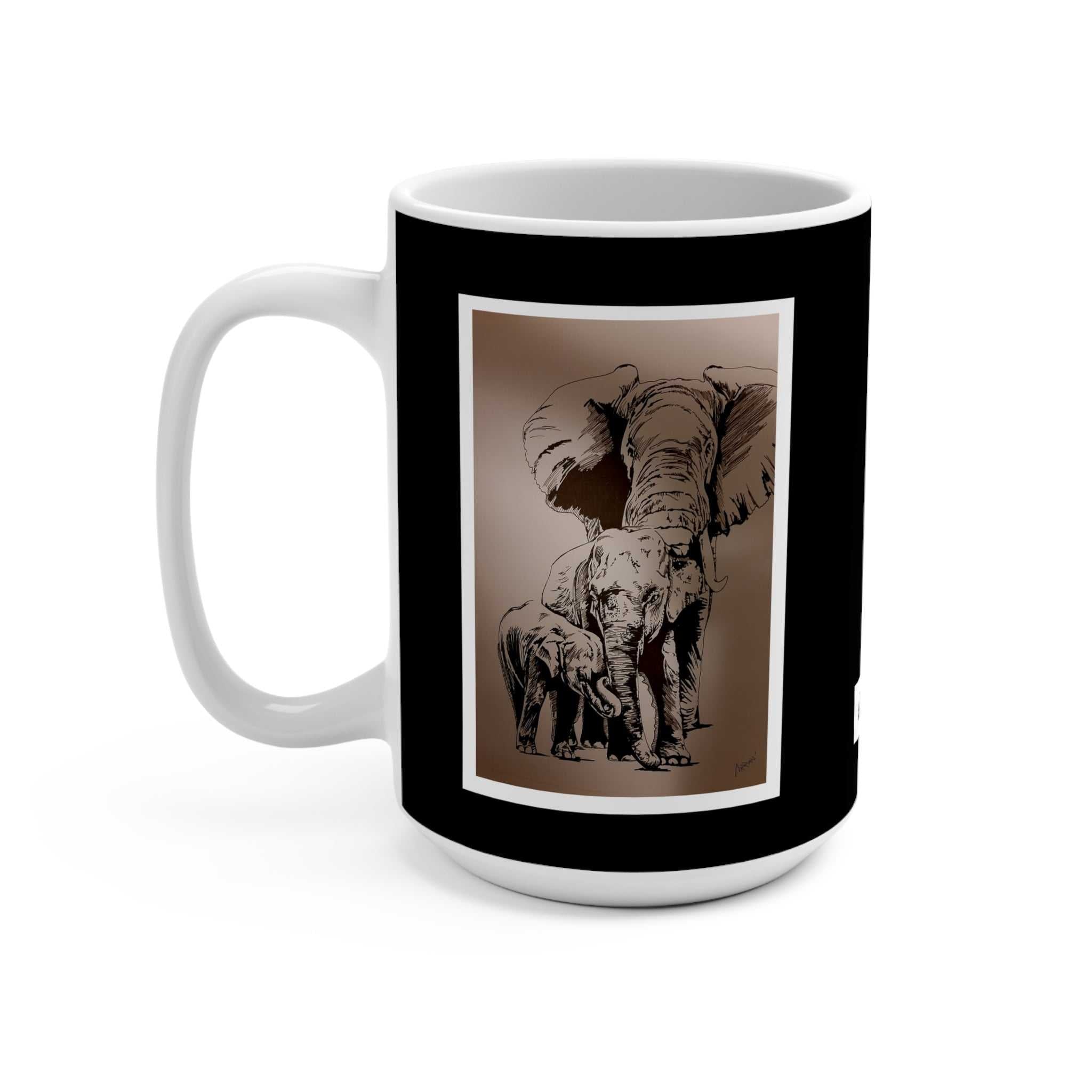 Original Hand-Drawn Family of Elephants Art on a 15oz Mug