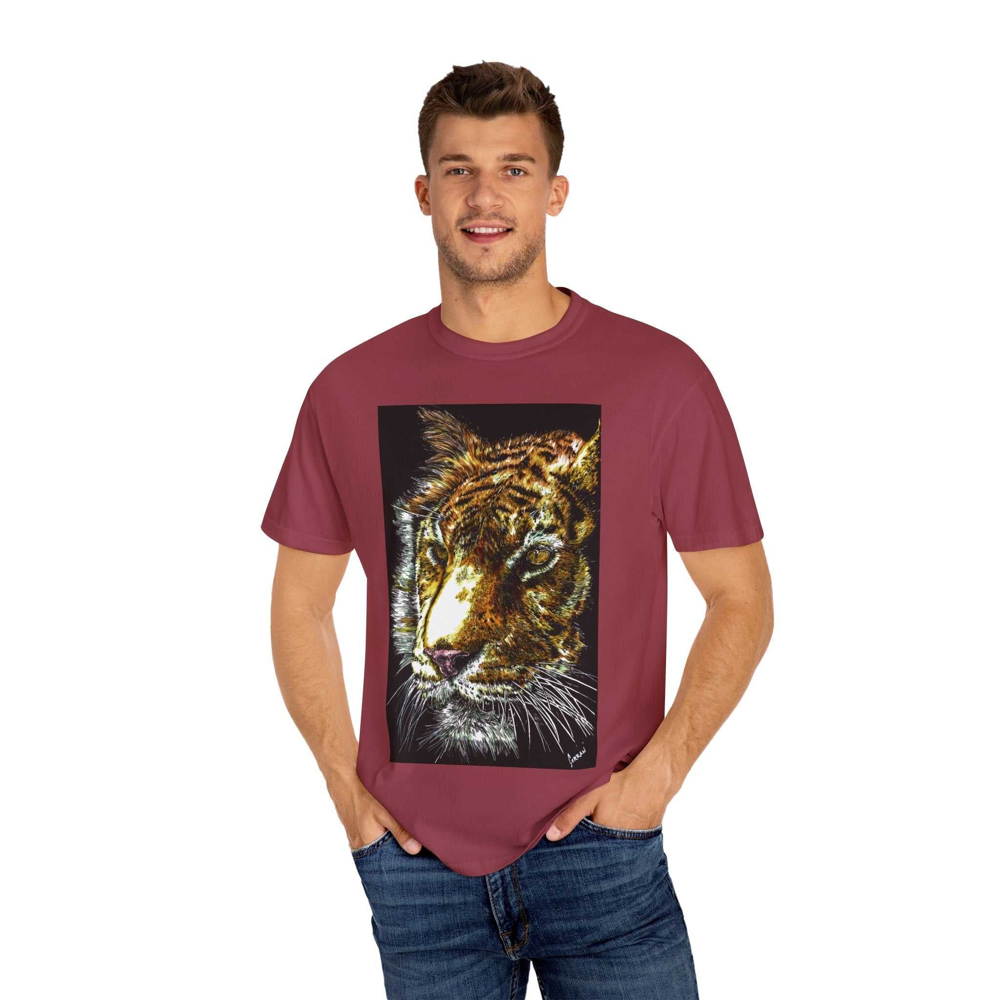 Discover your wild side with our Tiger Art T-Shirt - Vibrant Animal Print - Nature Lover's Apparel featuring the original hand drawn art. Stand out in style!