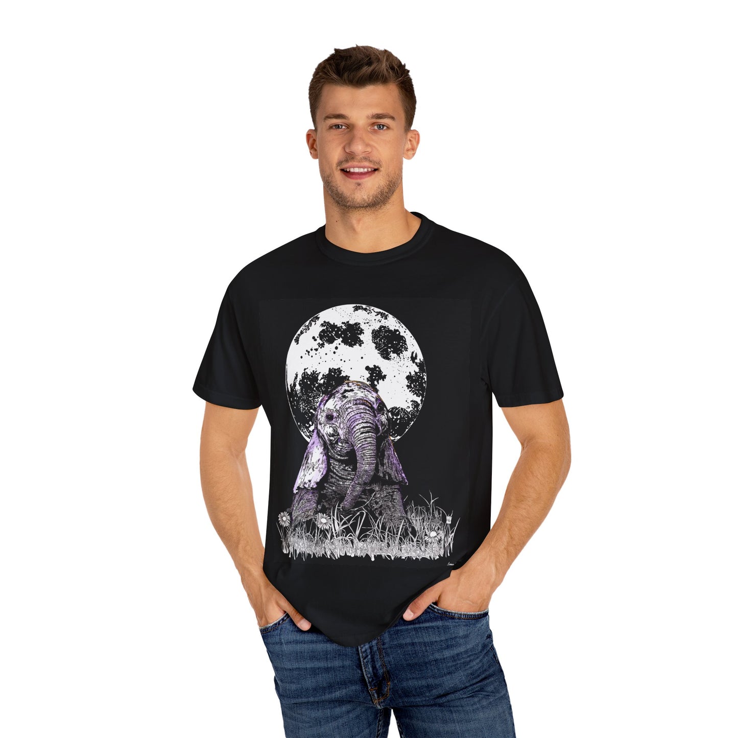 Moonlit Baby Elephant Unisex T-shirt | Eco-Friendly Garment-Dyed Tee