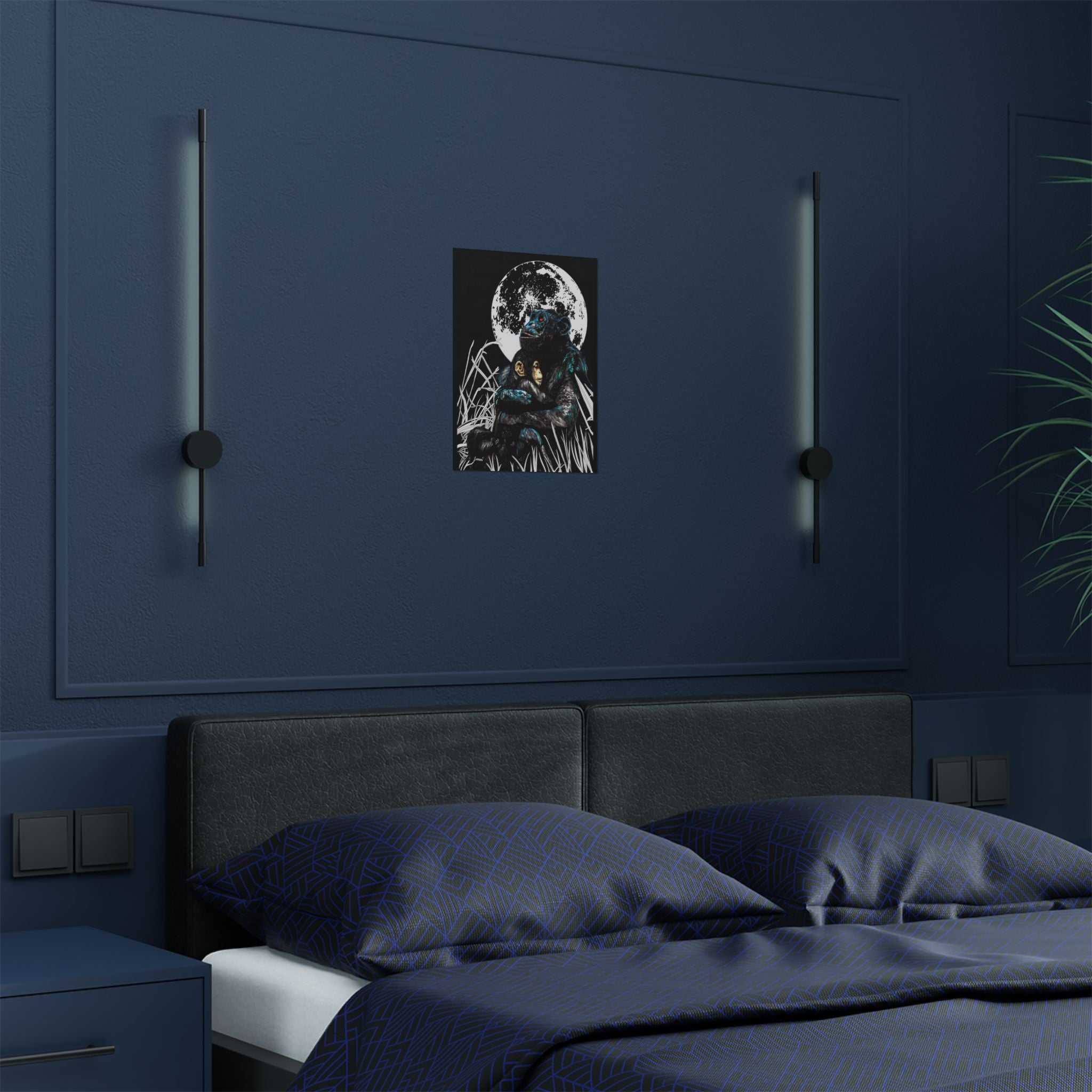 Satin Poster - Moonlit Gorilla and Child Embrace Art Print featuring the Hand Drawn, Original Animal Wall Art Poster by Kris Curran artist at Curran Artworks.