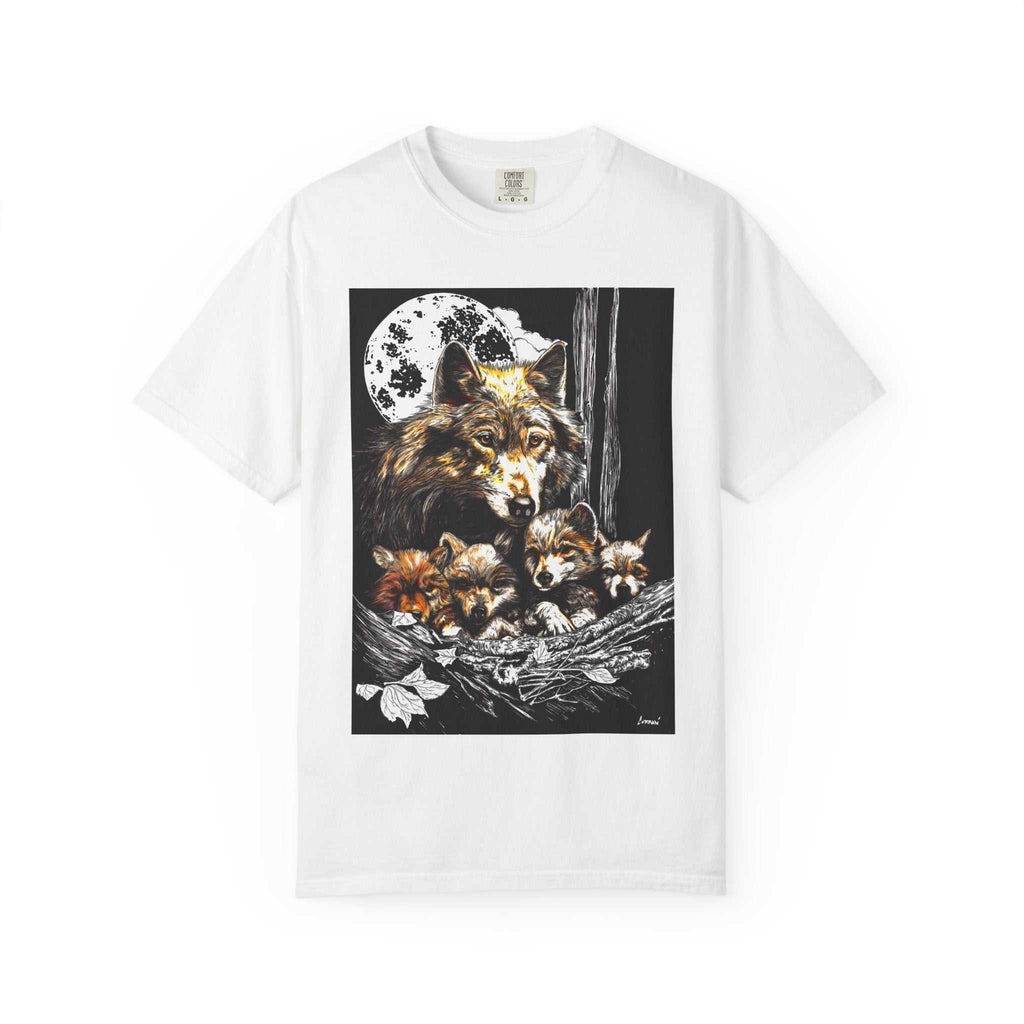 Experience nature inspired art with our exclusive Wolf Family Garment-Dyed T-Shirt - Nature Inspired Art. Stand out in style and connect with wildlife.