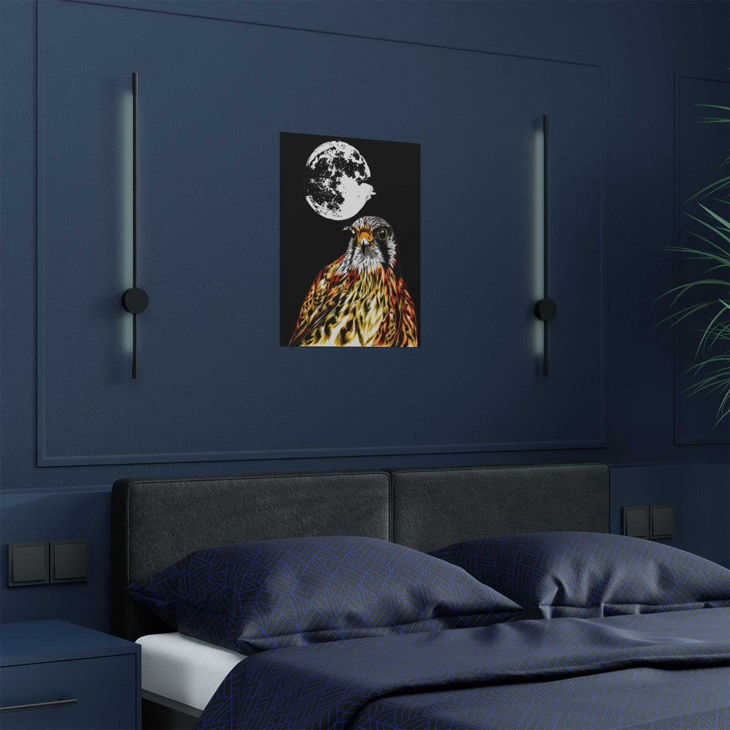 Elevate your space with the Wildlife Satin Poster - Majestic Falcon with Moon Design showcasing the Original, Hand Drawn Art. Bring nature's beauty home today!