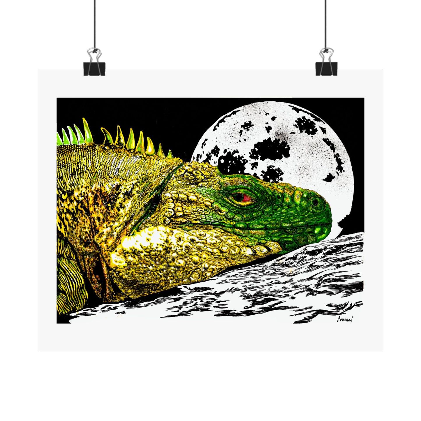 Vibrant Iguana Satin Poster - Moonlit Art Print for Nature Lovers