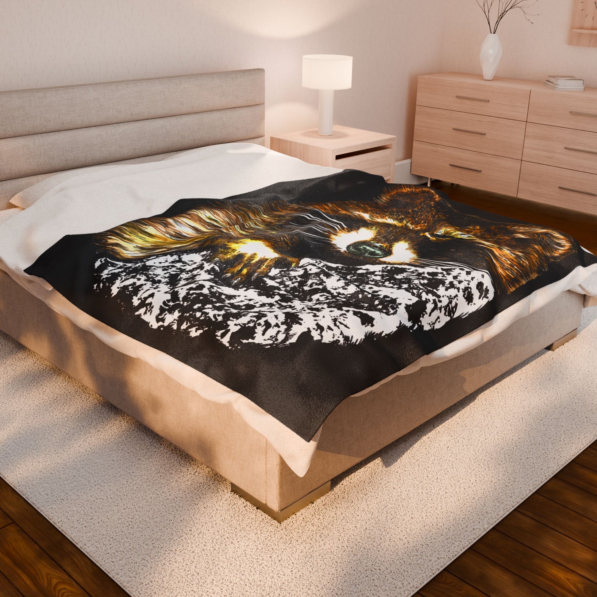  Raccoon illustration on black background, featured on a plush blanket designed for animal lovers.