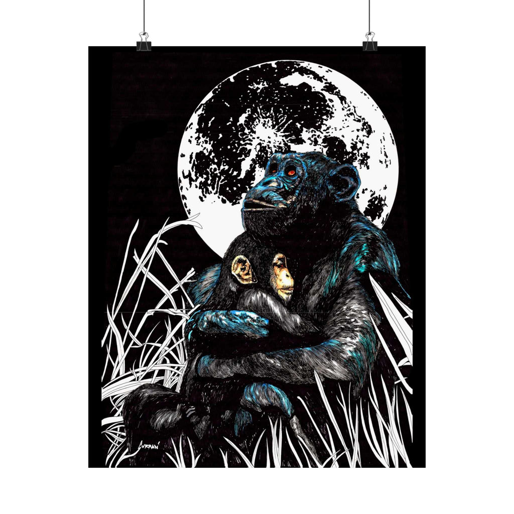 Satin Poster - Moonlit Gorilla and Child Embrace Art Print featuring the Hand Drawn, Original Animal Wall Art Poster by Kris Curran artist at Curran Artworks.