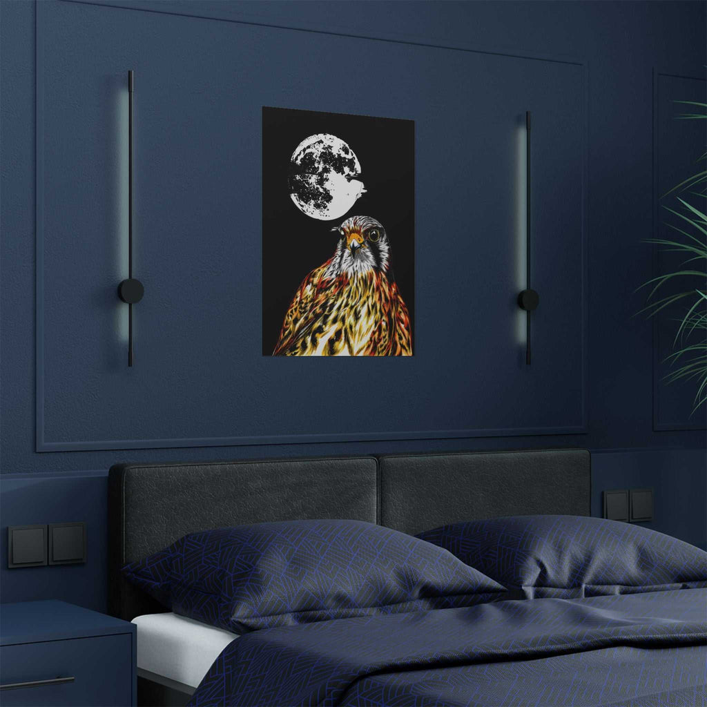 Elevate your space with the Wildlife Satin Poster - Majestic Falcon with Moon Design showcasing the Original, Hand Drawn Art. Bring nature's beauty home today!