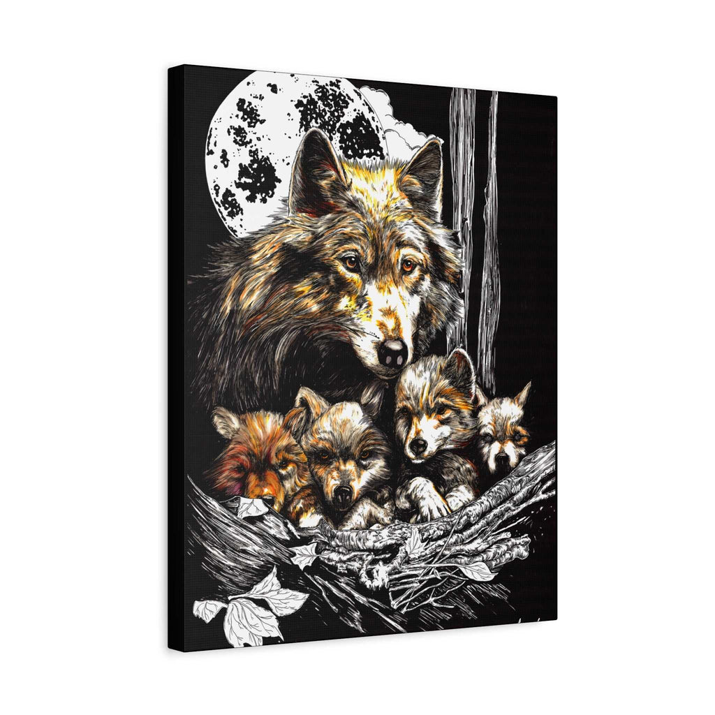 Wolf Wall Art, Wolf Print, Hand-Drawn Wolves, Wildlife Art, Wolf and Cubs, Nature Wall Decor, Animal Lover Gift, Woodland Art Printed on Matte Canvas,