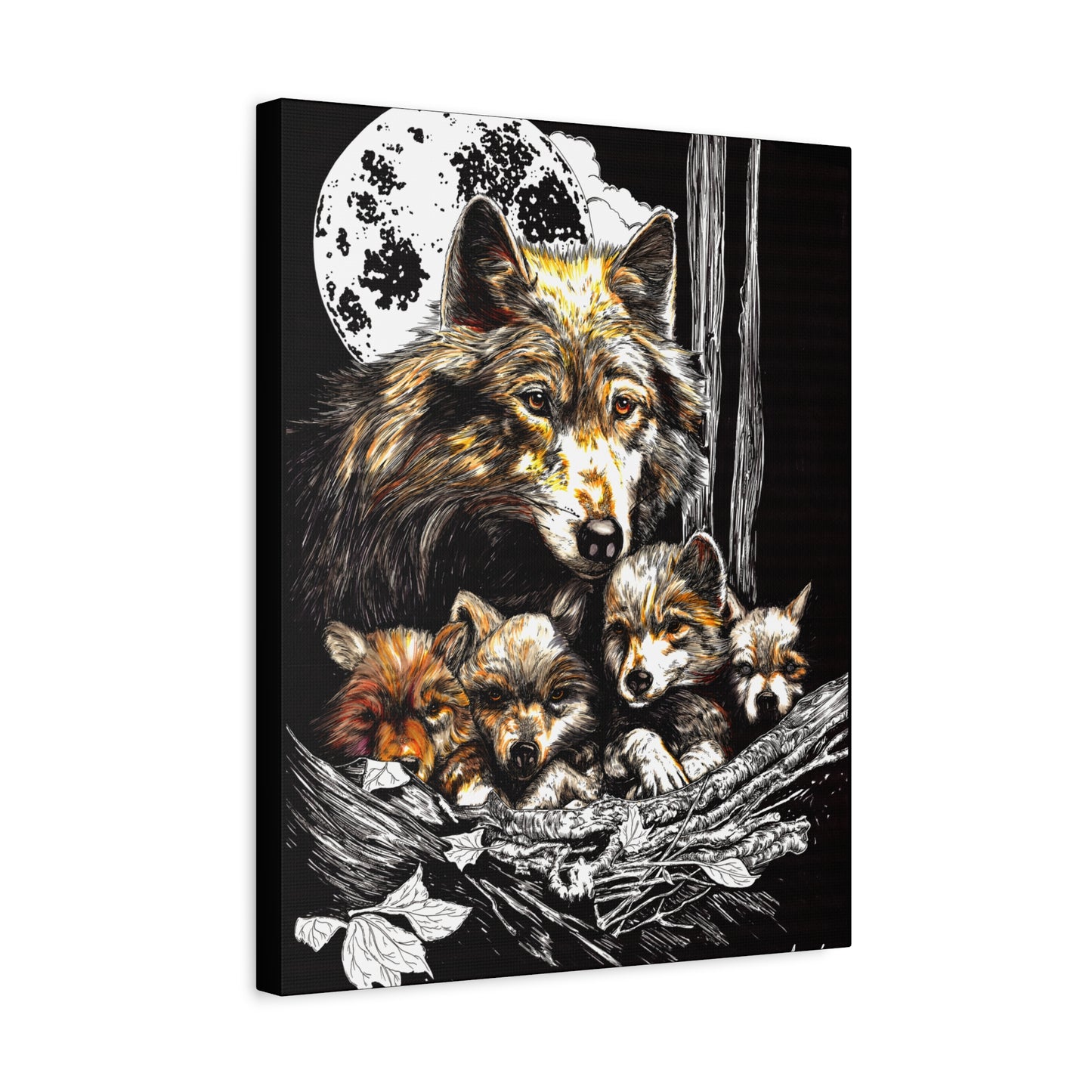 Wolf Wall Art, Wolf Print, Hand-Drawn Wolves, Wildlife Art, Wolf and Cubs, Nature Wall Decor, Animal Lover Gift, Woodland Art Printed on Matte Canvas, Stretched, 1.25"